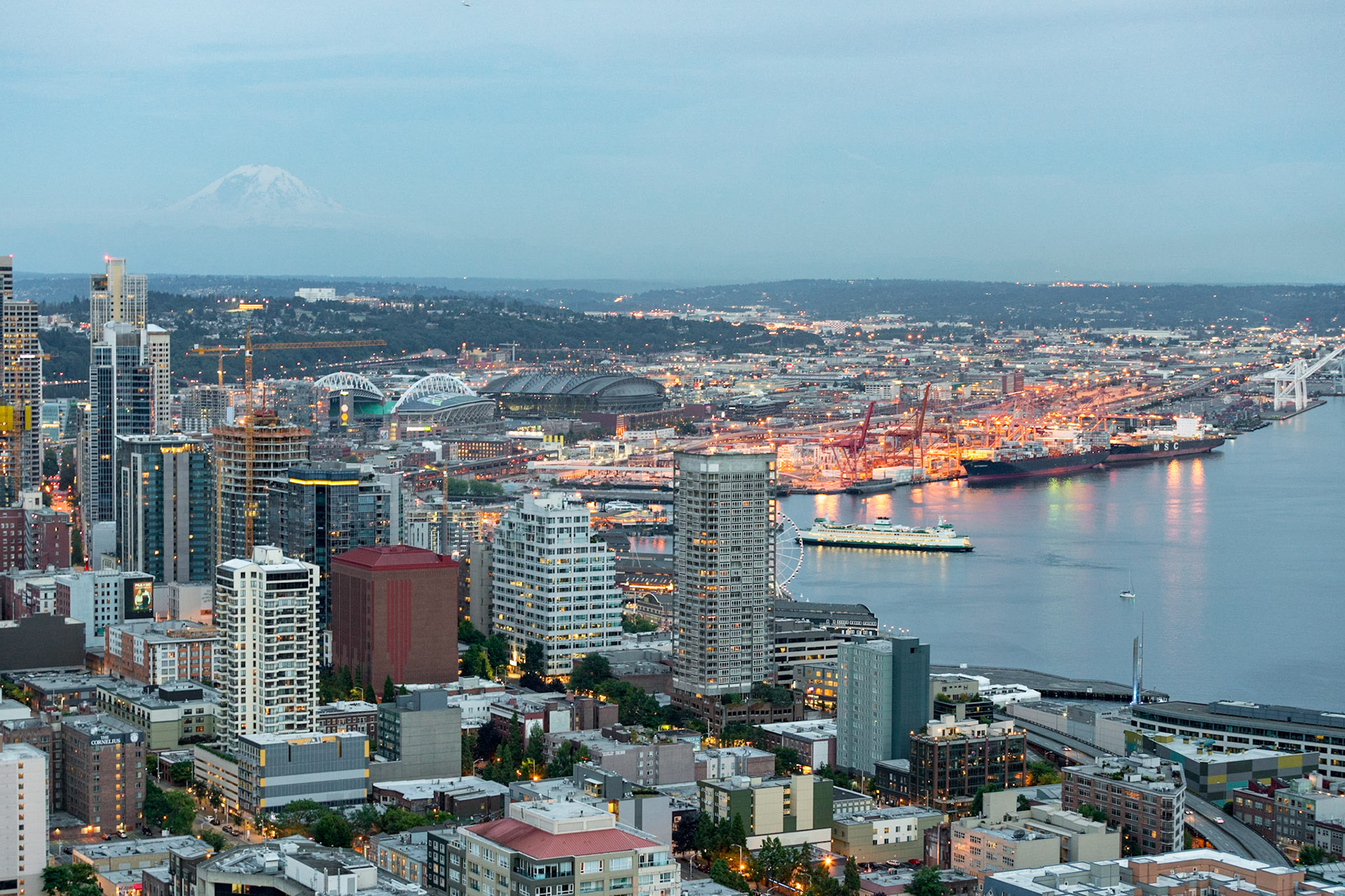 View of the docks during sunset from the Space Needle