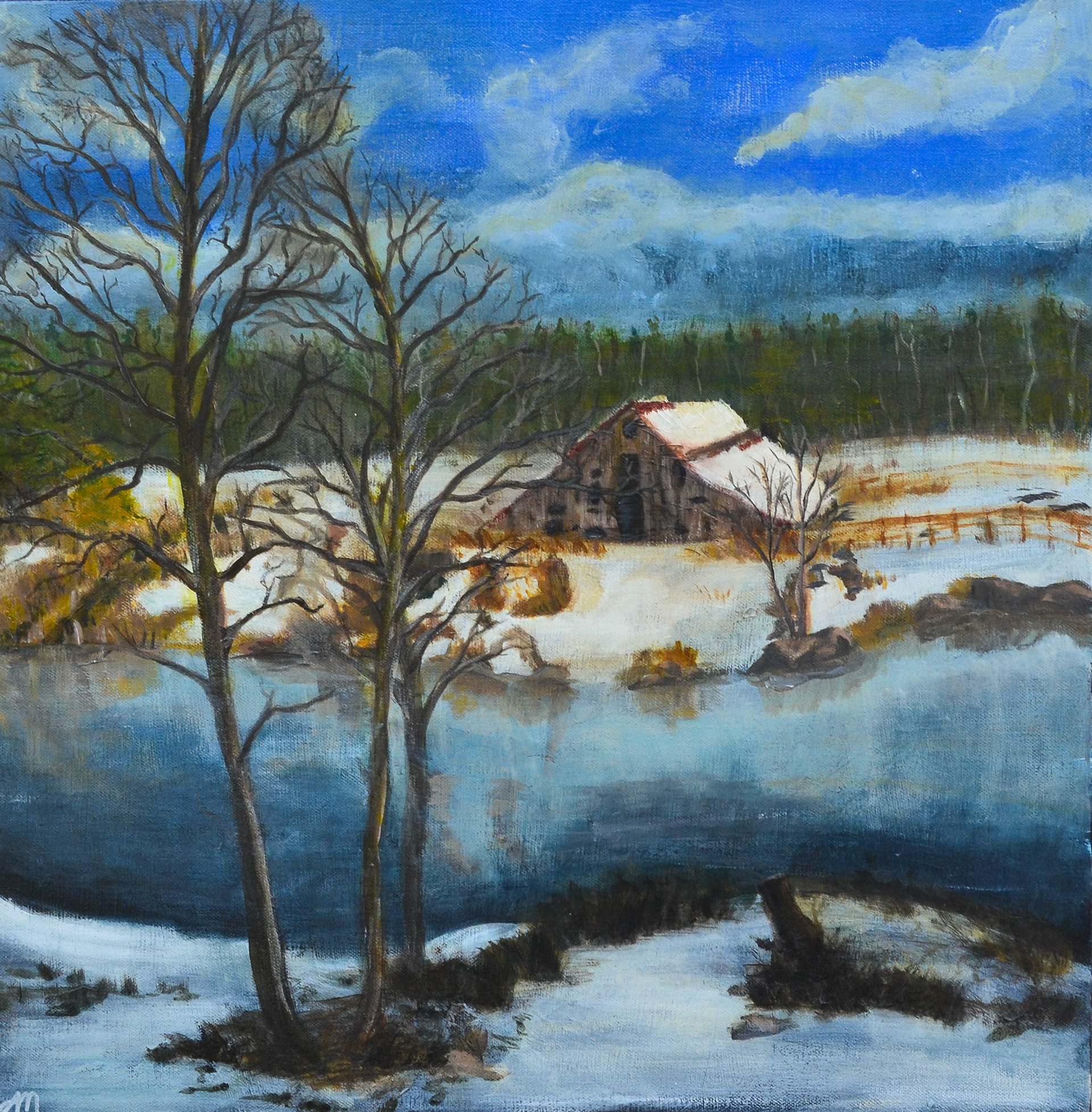 "Snowy Barn", 20"x20", acrylic on Canvas