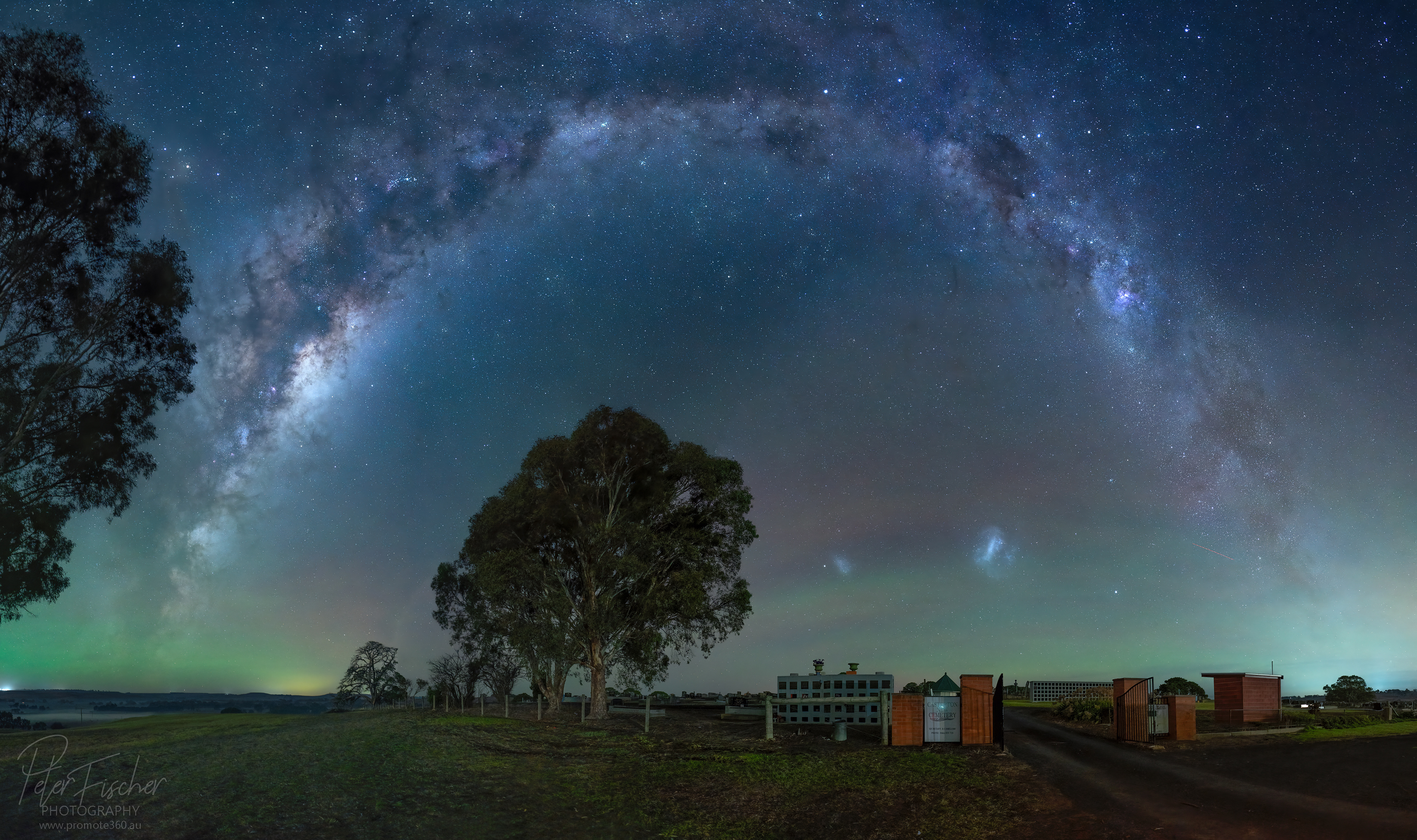 Milky Way panorama over Casterton Cemetery, Victoria, Australia