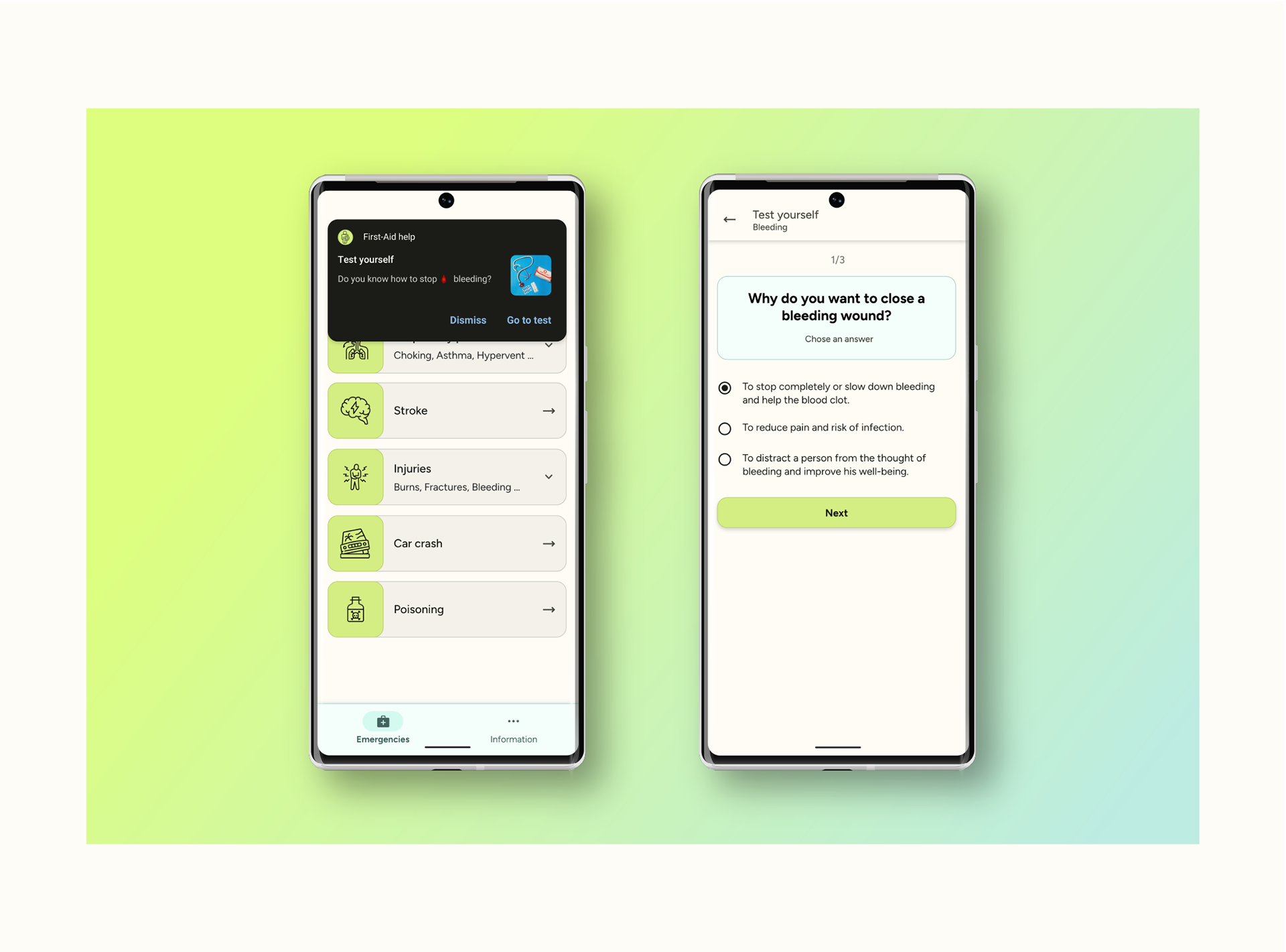 O the left - polished mockup with notification. On the right - polished mockup of test question with three possible answers.