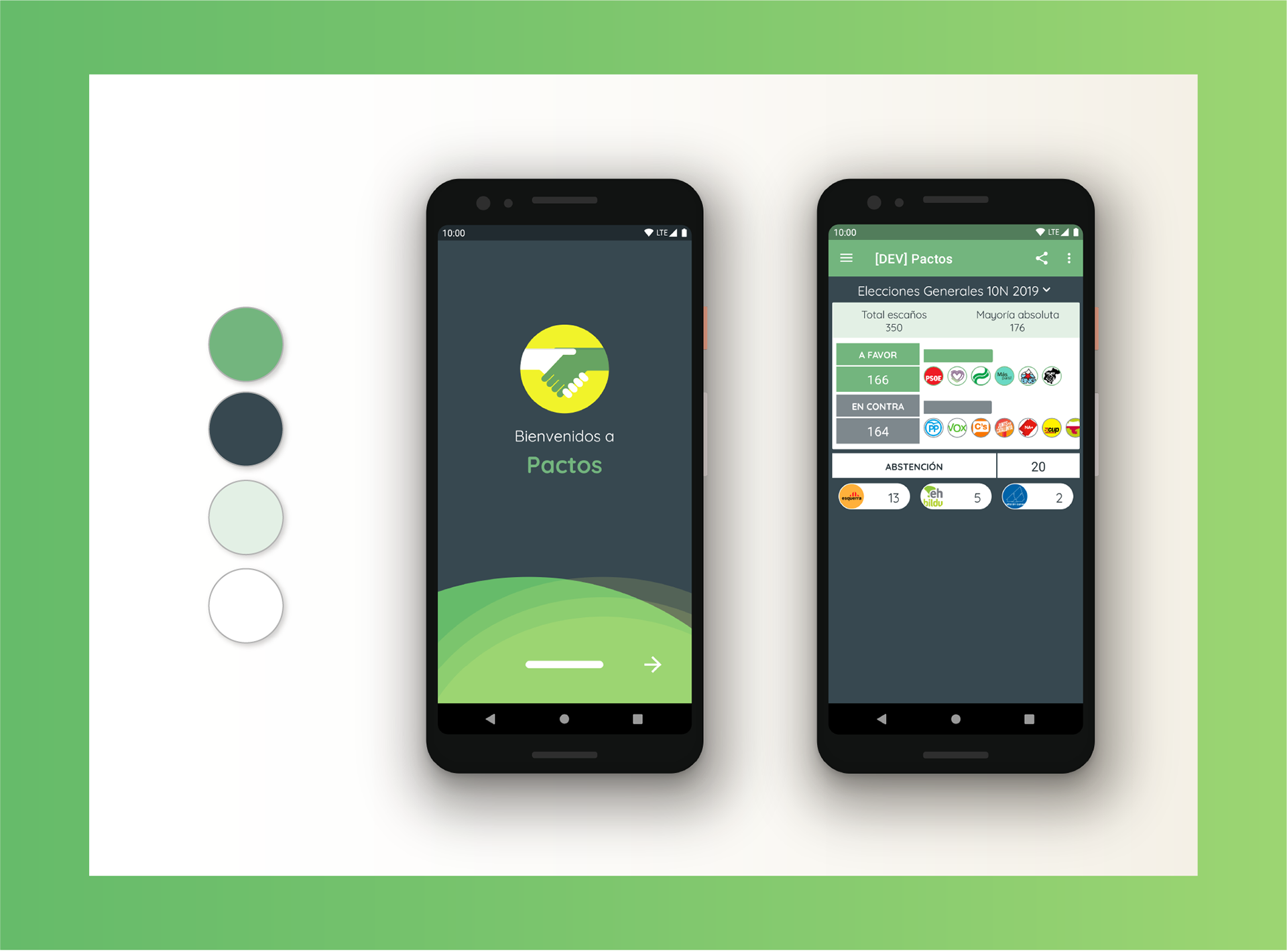 Four circles with app´s colors, and two polished mockups.