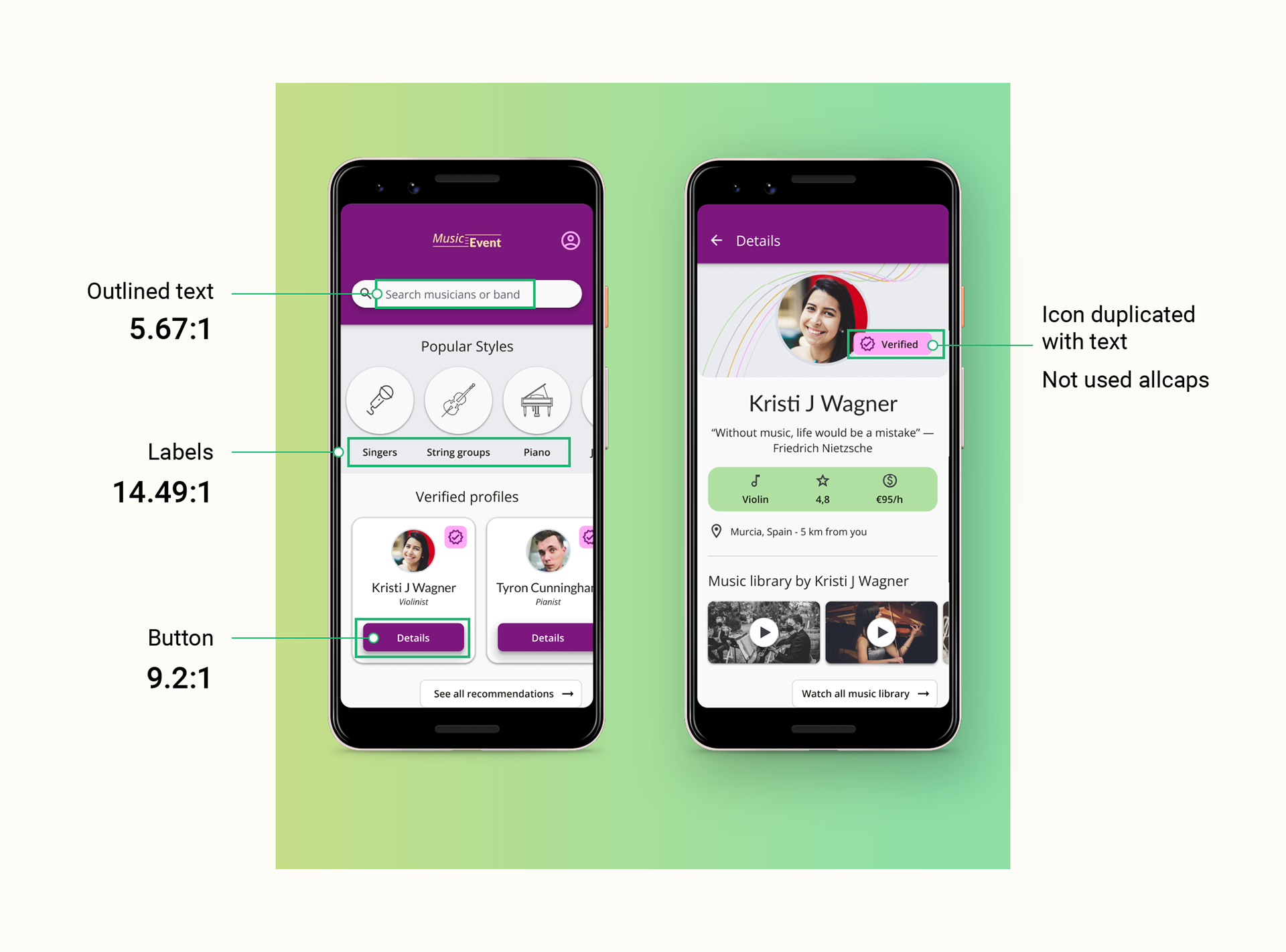 Two polished mockups with color contrast annotations.