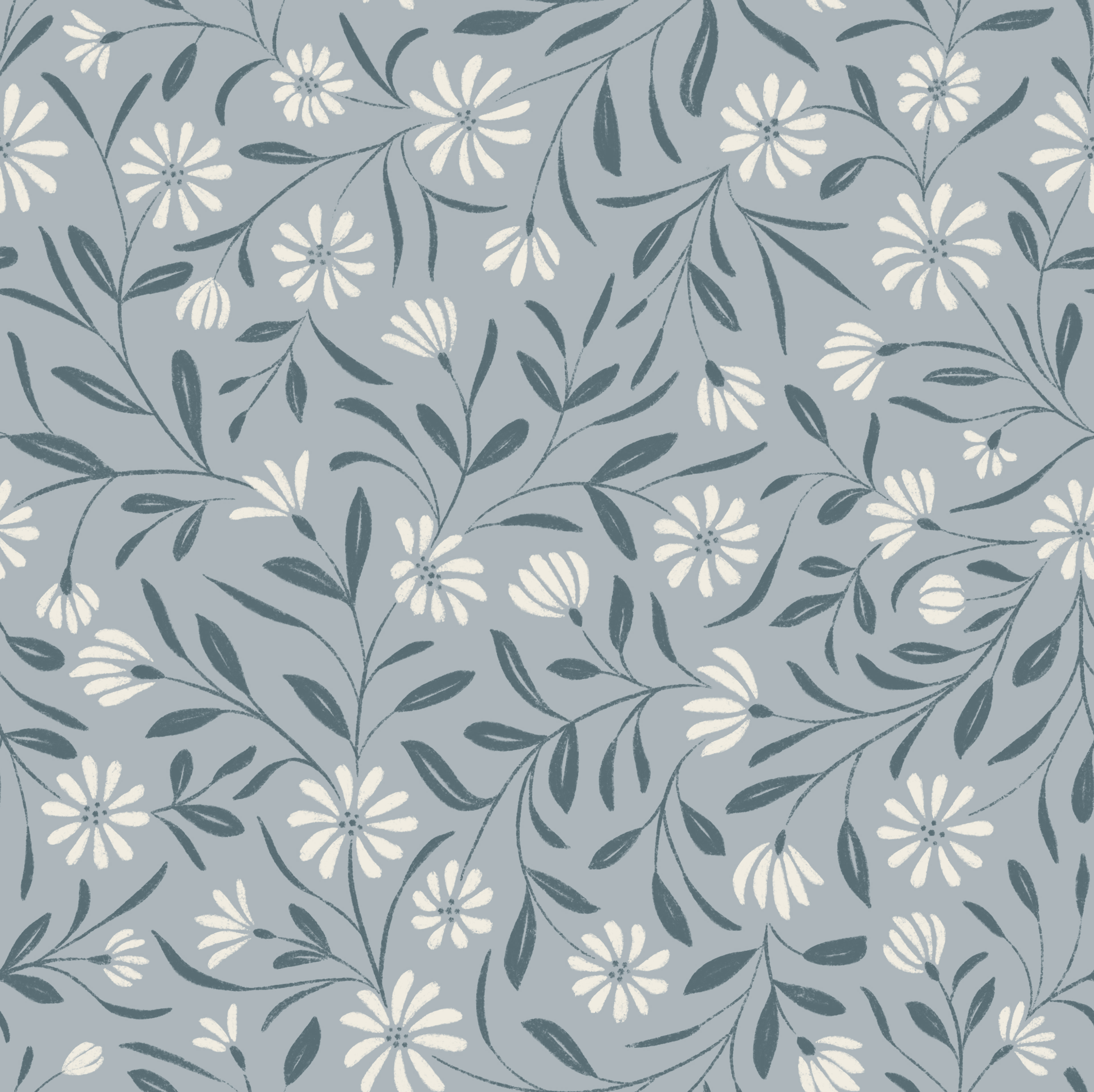 flowy textured floral - creamy white, french grey, marble blue