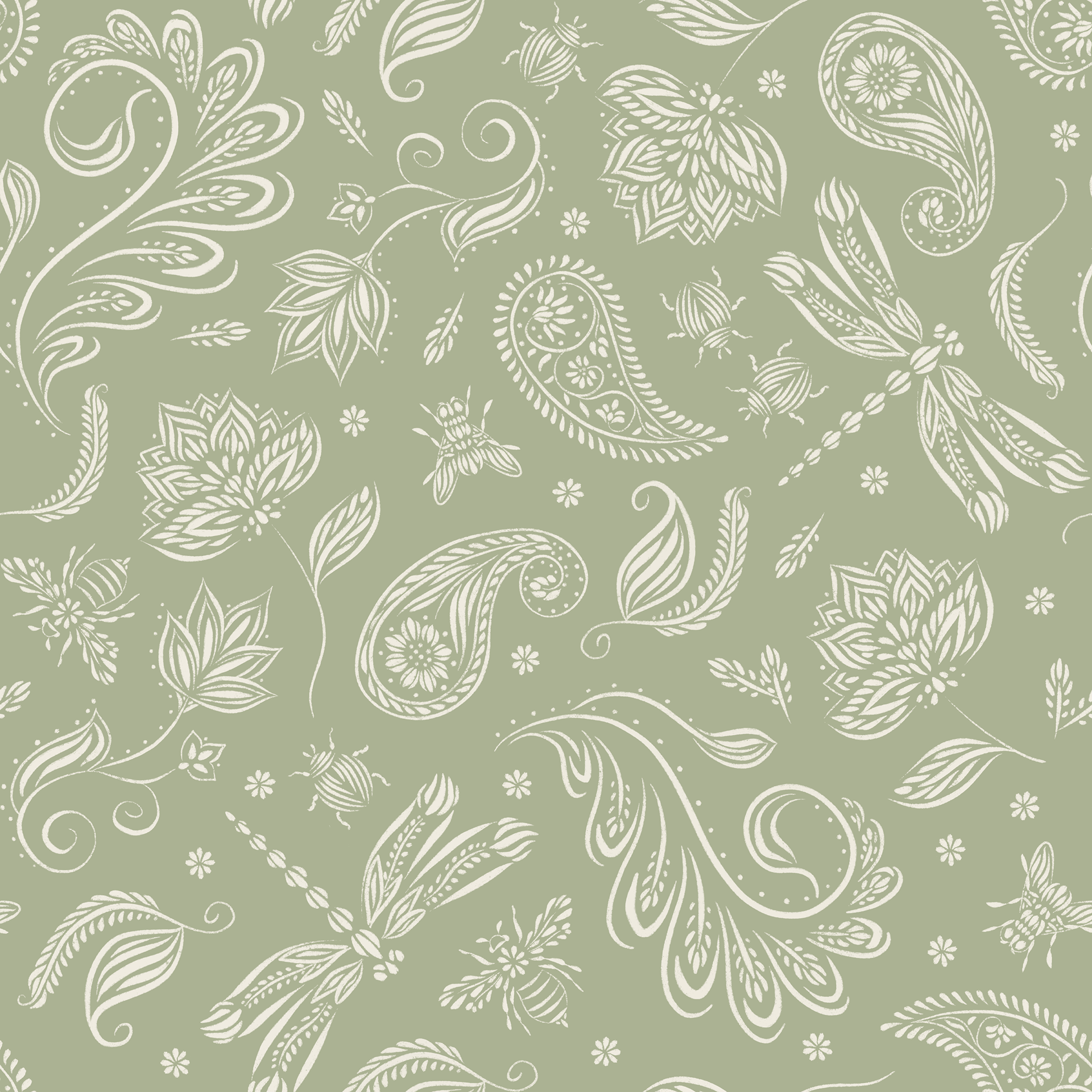 paisley doodle bugs - creamy white, light sage green