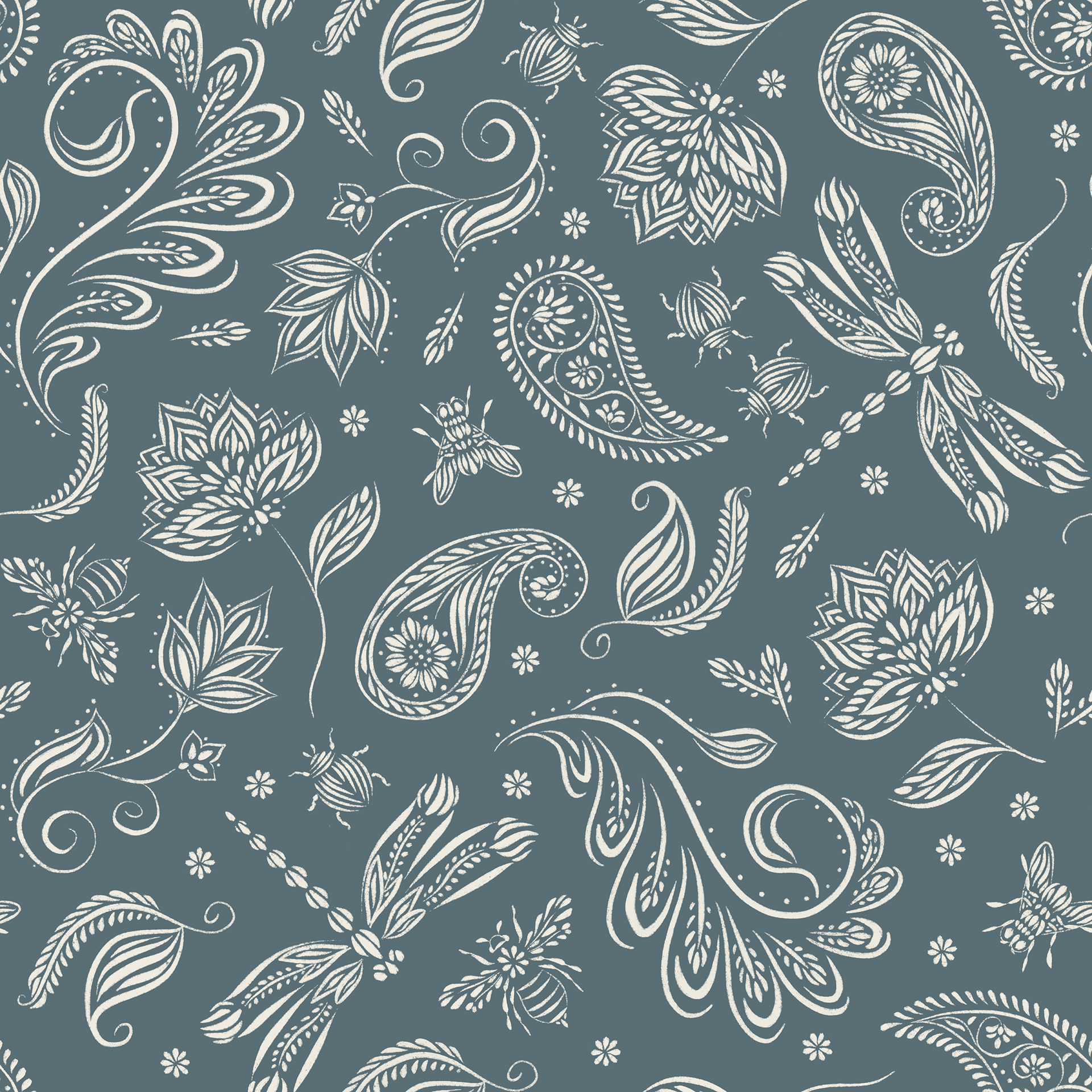 paisley doodle bugs - creamy white, marble blue