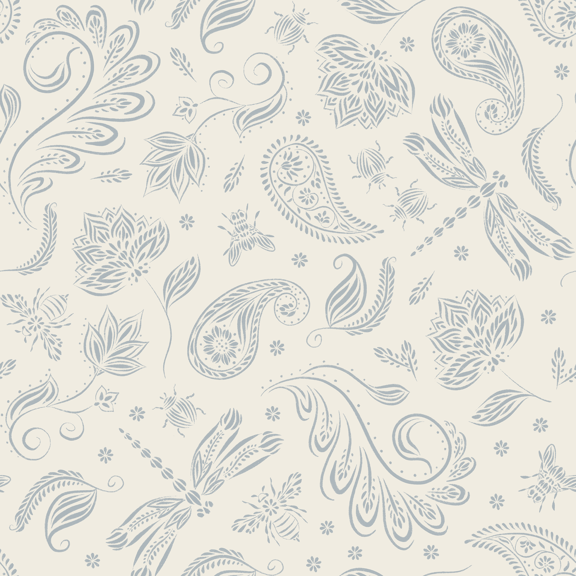 paisley doodle bugs - creamy white, french grey