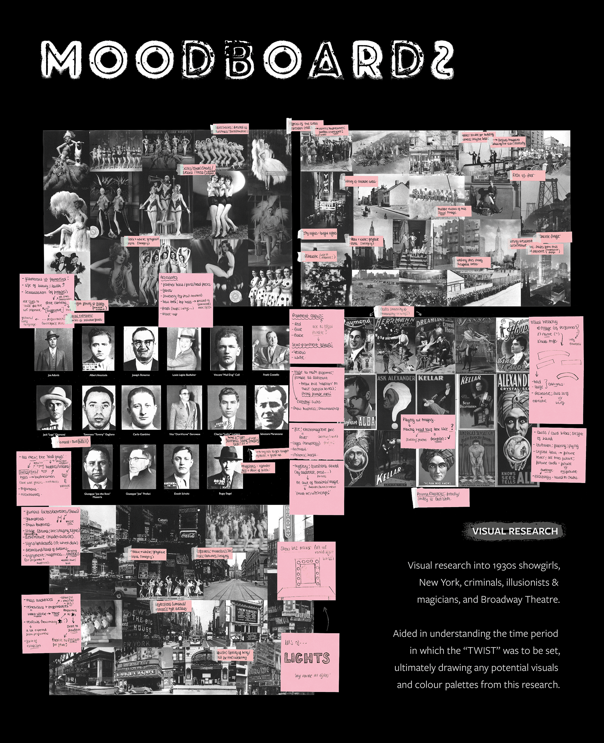 TWIST – moodboards / visual research into 1930s showgirls, New York, criminals, illusionists and magicians, and Broadway Theatre.