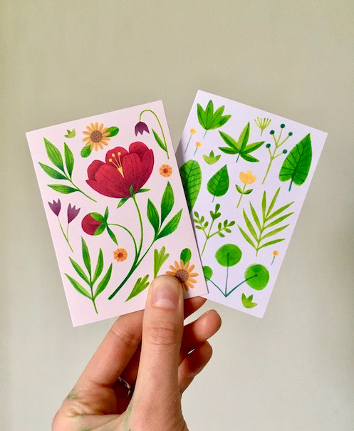 Photo of small floristry note cards by Laura Middleton with floral and leaf designs