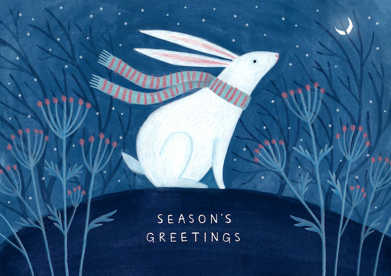 Illustration of white rabbit in a scarf against snowy sky