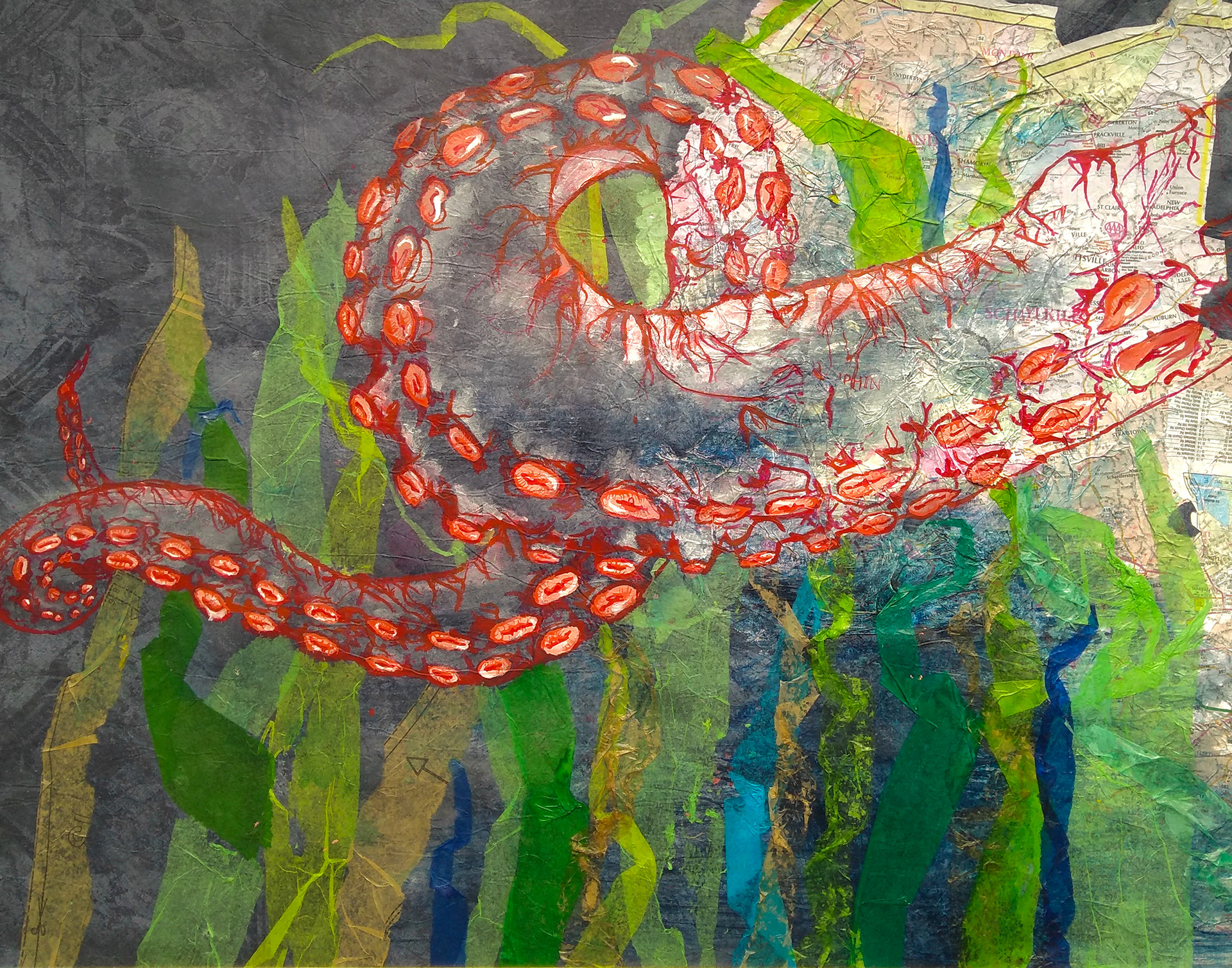 Local Wonder - Ink and Gouache over Tissue Paper, Maps, and Wallpaper