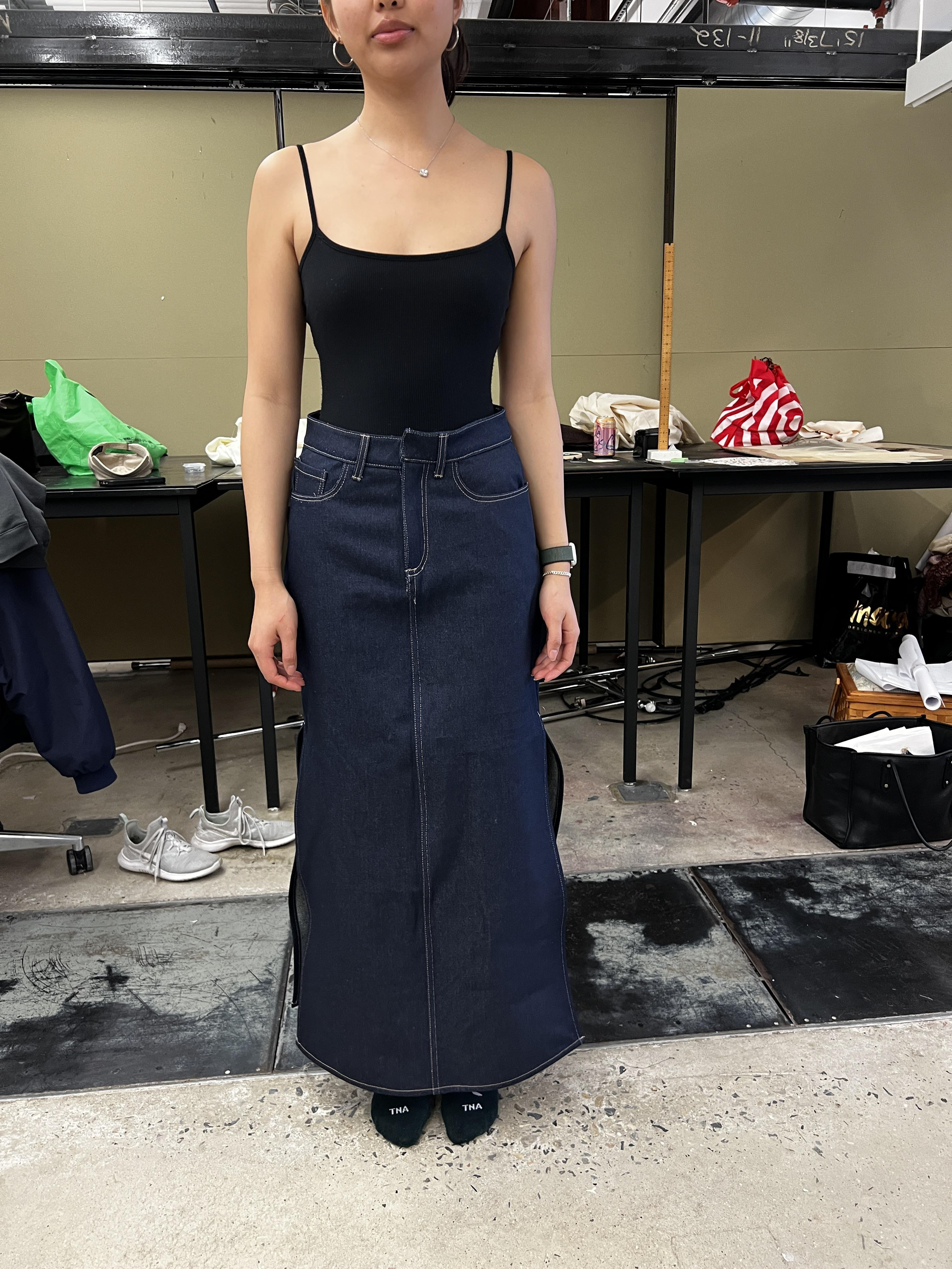 Denim skirt I made in the final fitting, directly before sending it out to be washed