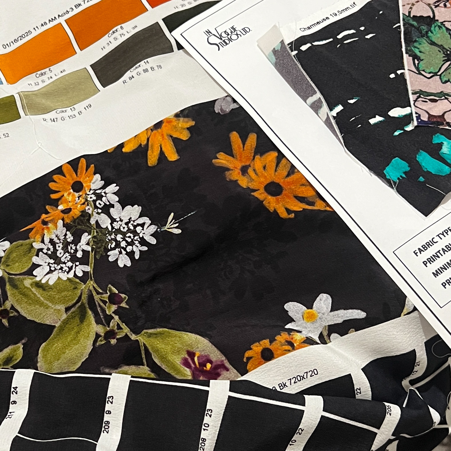 Initial swatches with color options from my local fabric printer