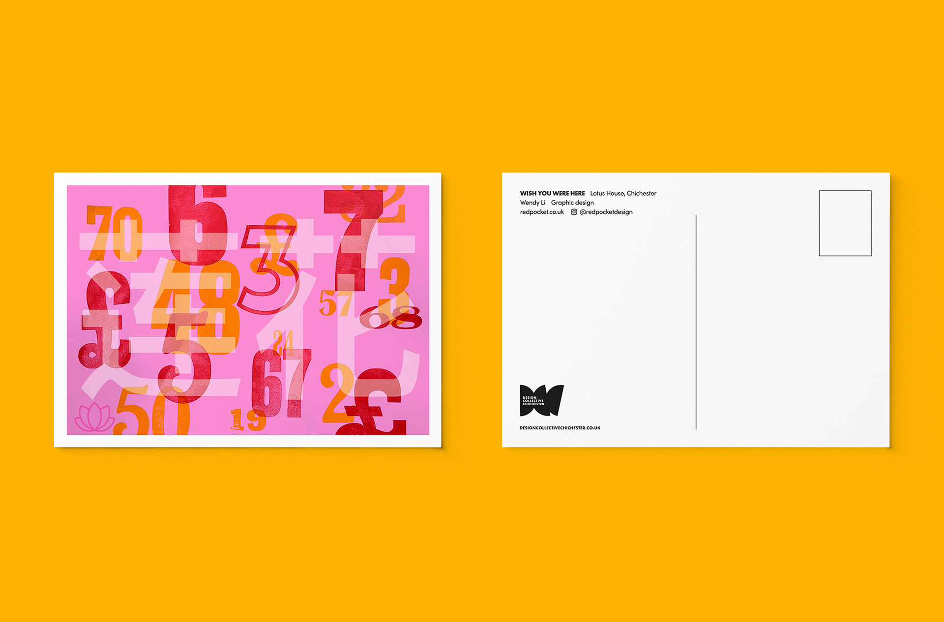 Redpocket Design Studio’s letterpress postcard front & back for Design Collective Chichester event
