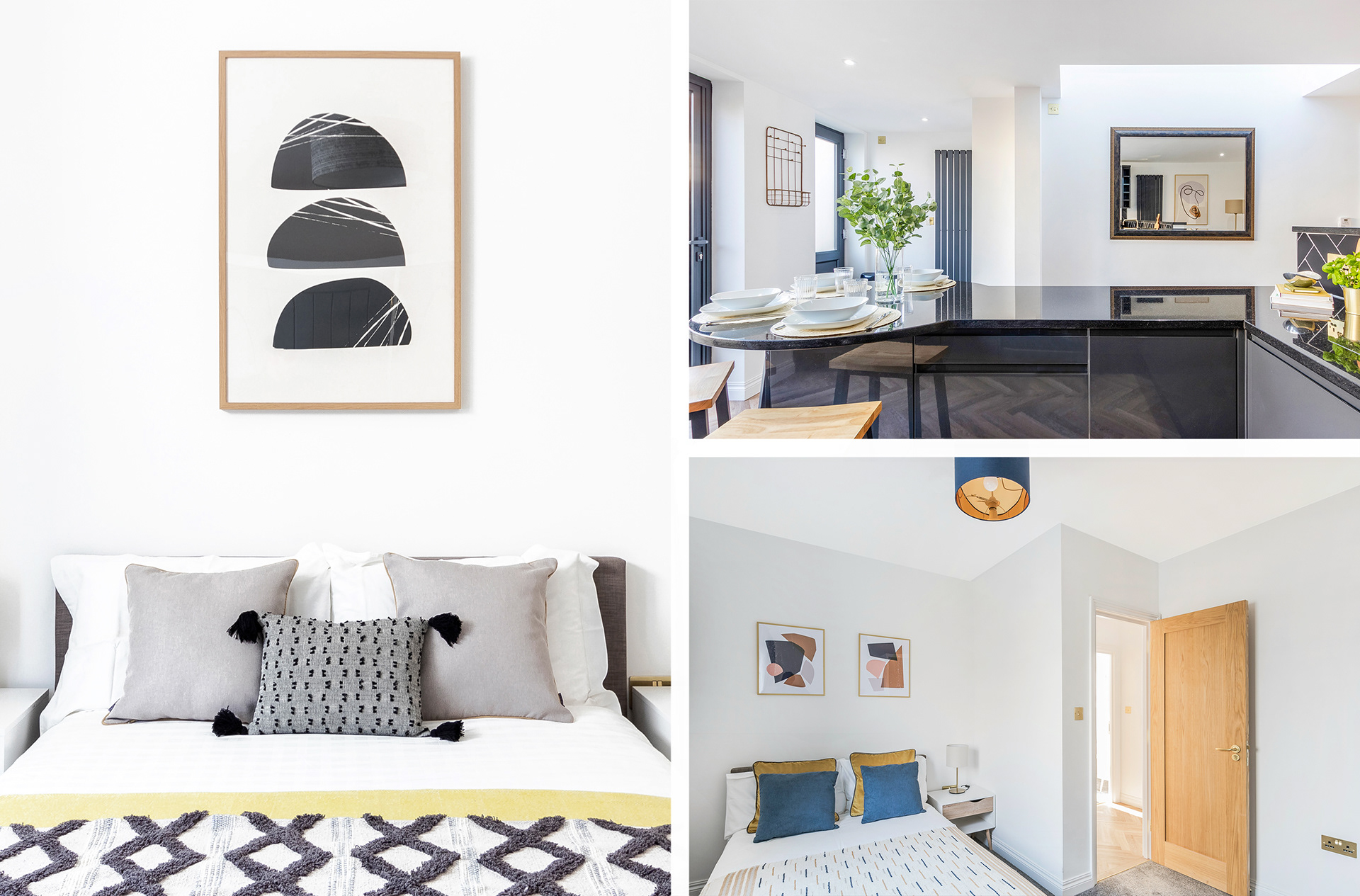 Nox Properties London Wilton Road interior designed bedrooms & bathroom with art prints & kitchen dining worktop