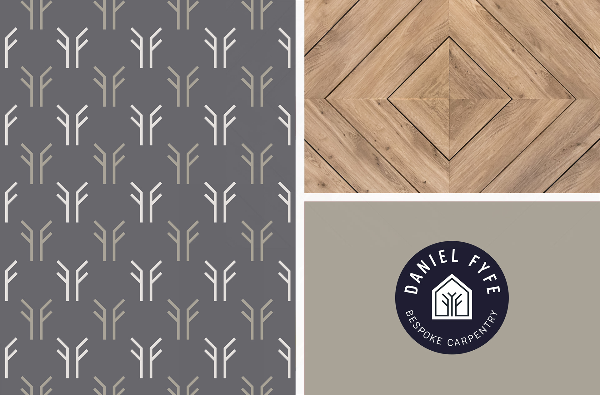 Daniel Fyfe Bespoke Carpentry brand element pattern and circular white logo in block colour