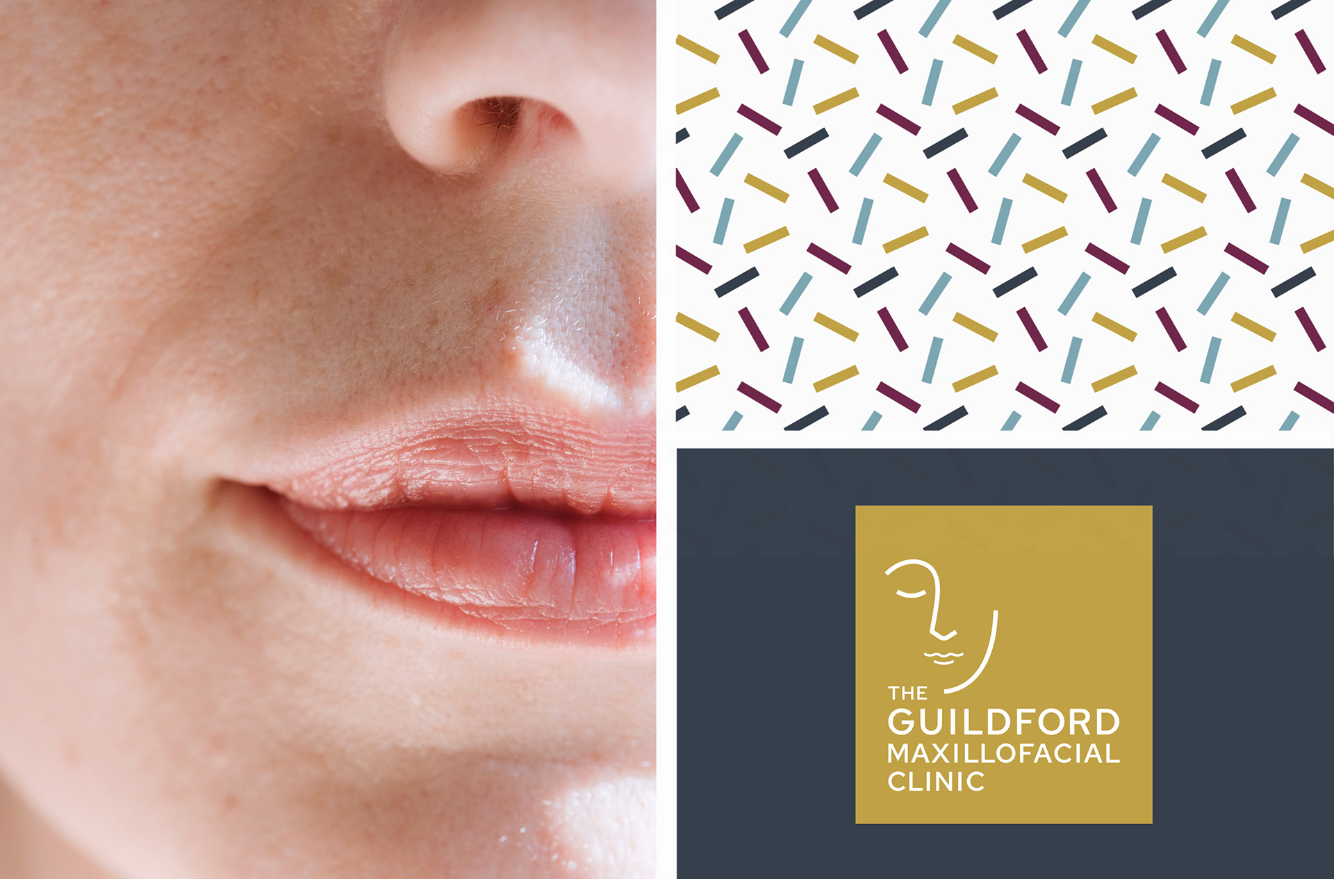 Guildford Maxillofacial Clinic brand element pattern and white logo in block colour