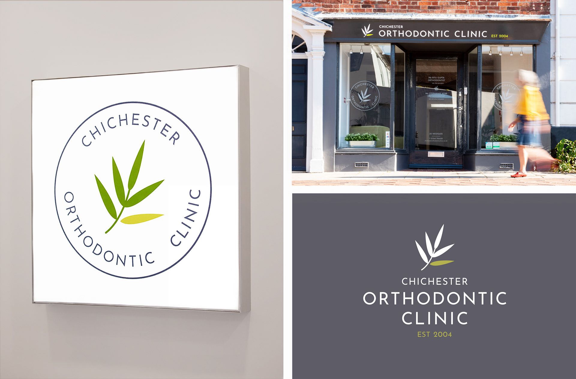 Chichester Orthodontic Clinic lightbox branding, clinic exterior fascia & stacked brand identity logo design
