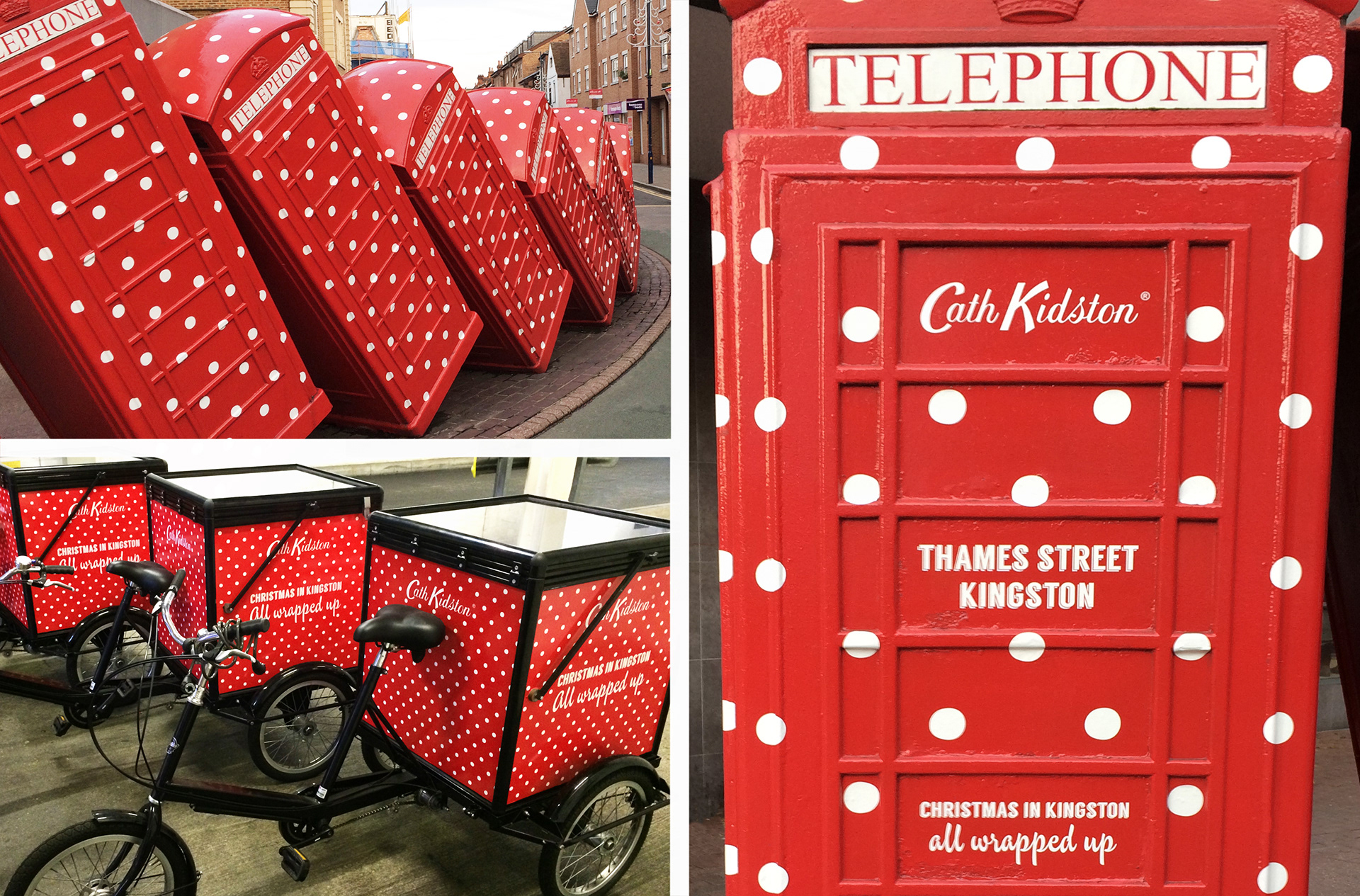Cath Kidston London Christmas marketing vinyl graphics art installation of red phone boxes & bikes