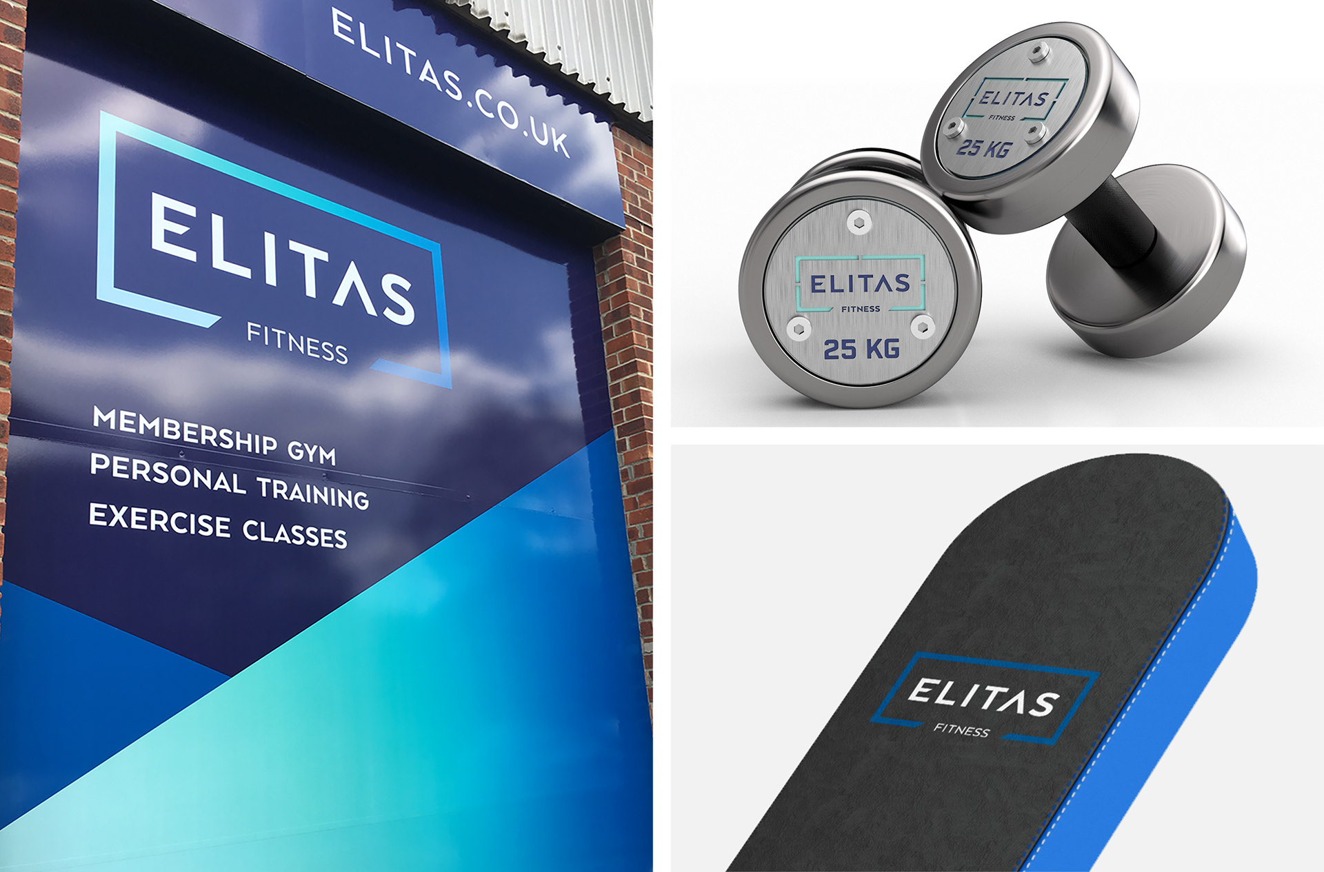 Chichester's Elitas Fitness exterior vinyl graphic fascia & dumbells & weight bench branding