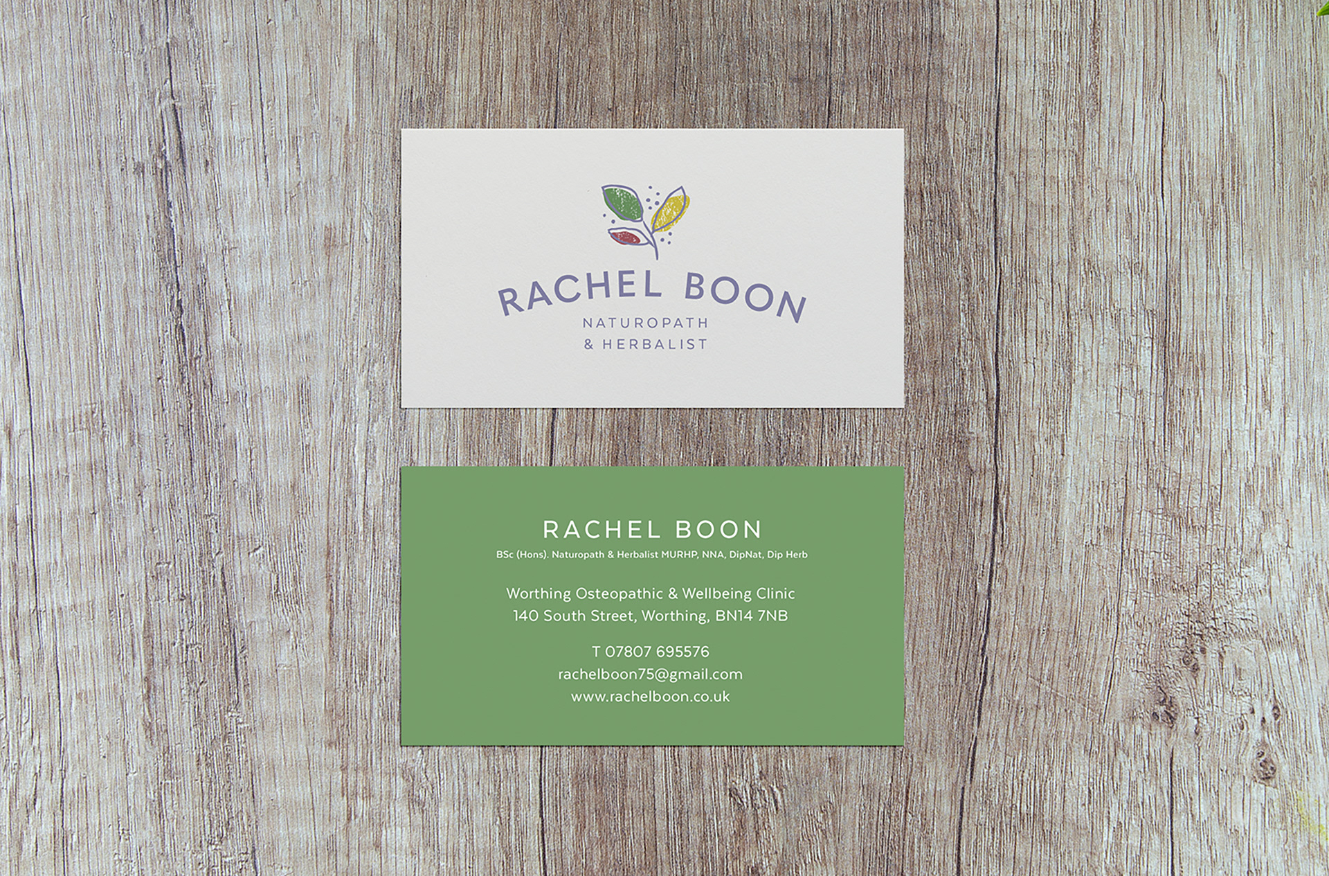 Worthing's Rachel Boon Naturopath business card stationery design on wooden background