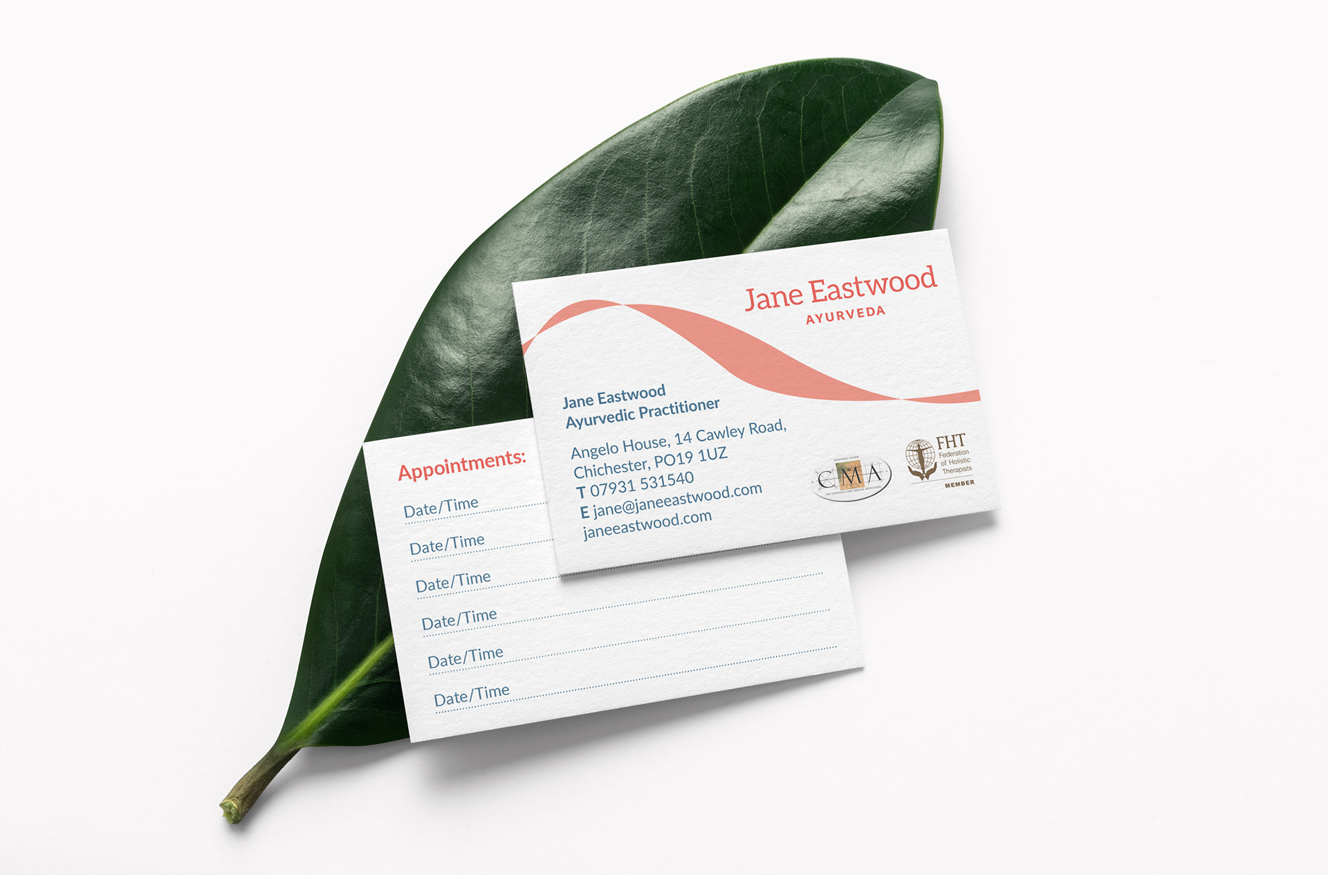 Chichester's Jane Eastwood Ayurveda business appointment card stationery design on a leaf