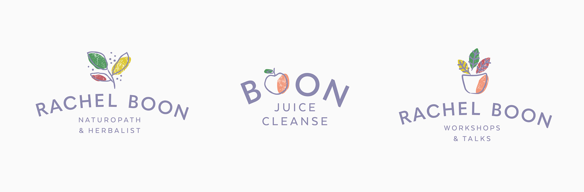 Worthing's Rachel Boon Naturopath & Herbalist, Boon Juice Cleanse & Workshops & Talks coloured brand identity logo designs