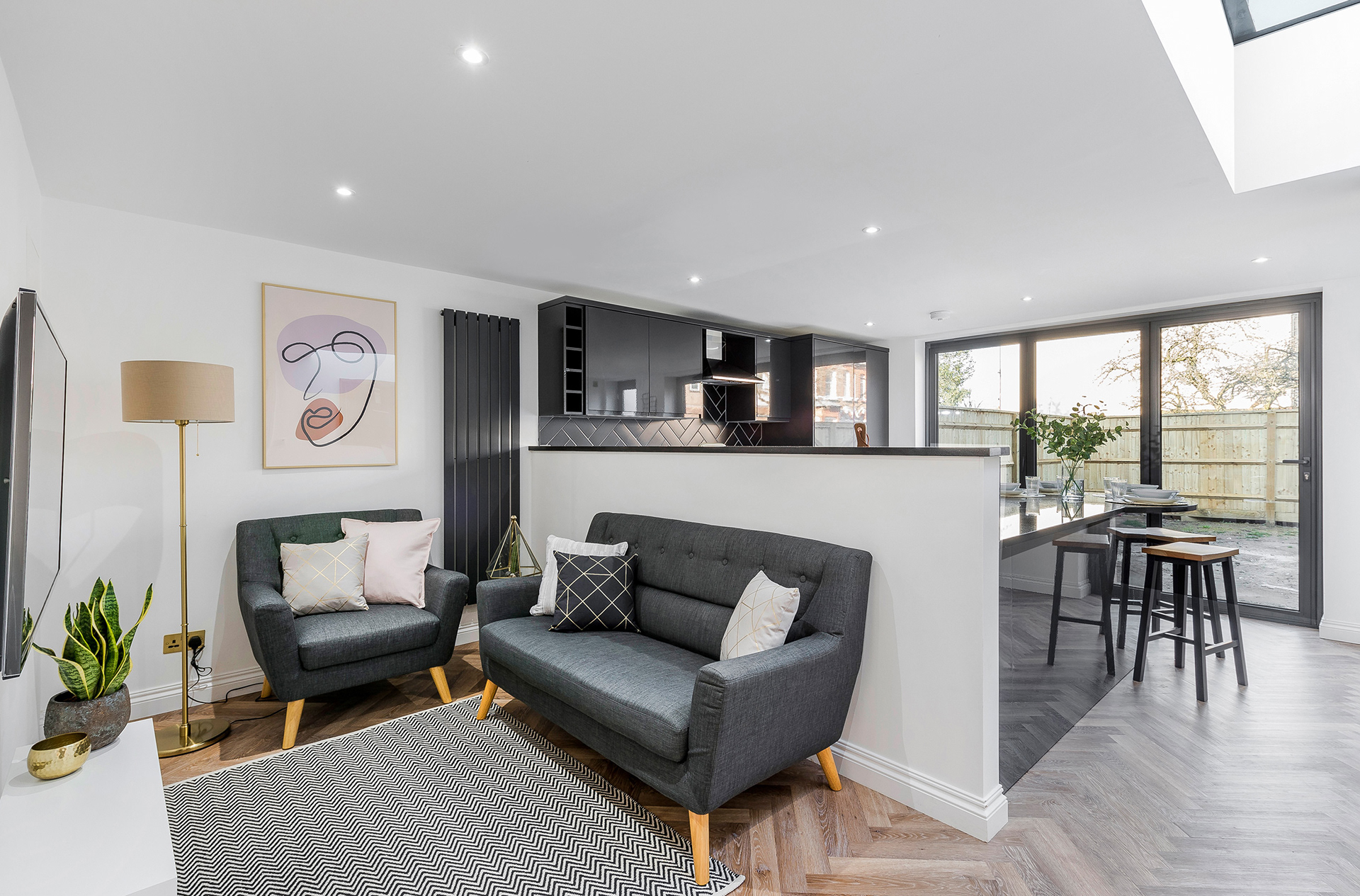 Nox Properties London Wilton Road main open plan living kitchen room interior with art print