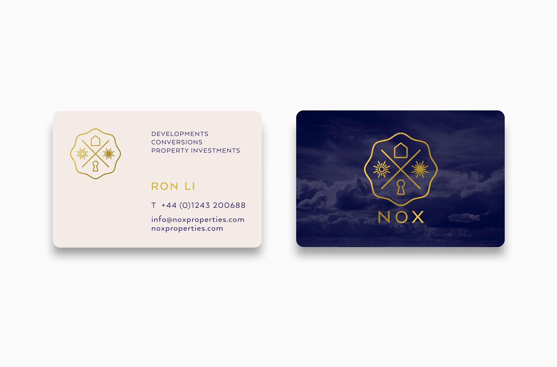 Nox Properties London business card stationery design with gold foil logo