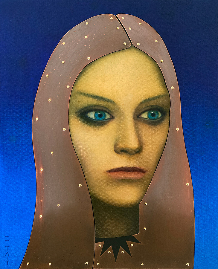 'Dark Star' - oil, copper inlay & brass escutcheon pins on linen panel, 26 x 21cm