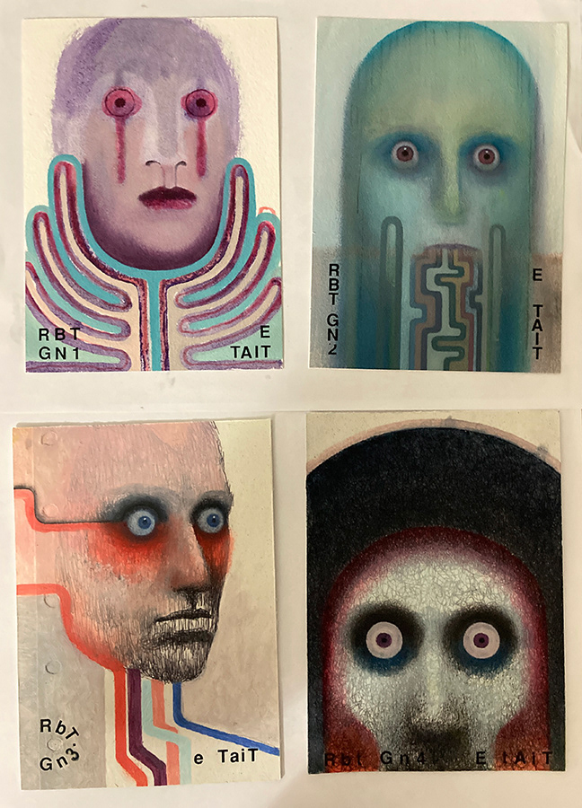 4 Postcards - pen & oil on paper