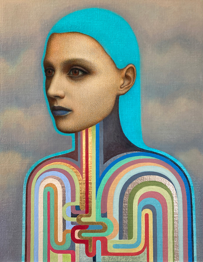 'Dyad' - oil on linen panel with gold & titanium leaf, 36 x26cm SOLD