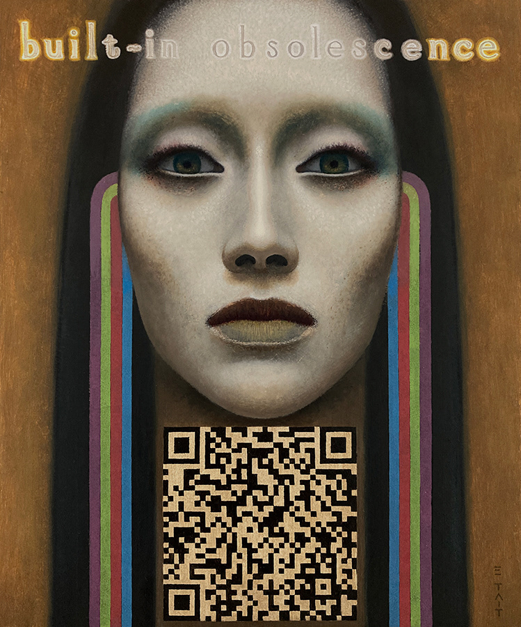 'Built-in Obsolescence', oil on aluminium with linked audio (QR code), 30.5 x 25.5 cm