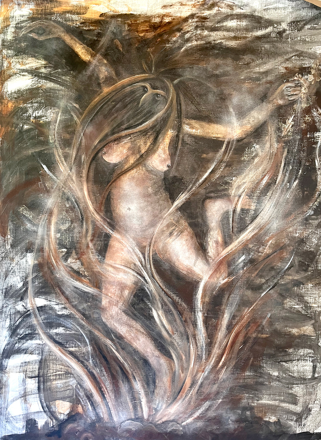 „Tanzende Lilith“, 2024, Mischtechnik (Tusche, Öl und Ölkreide), grundiertes Leinengewebe, 190 x 145 cm