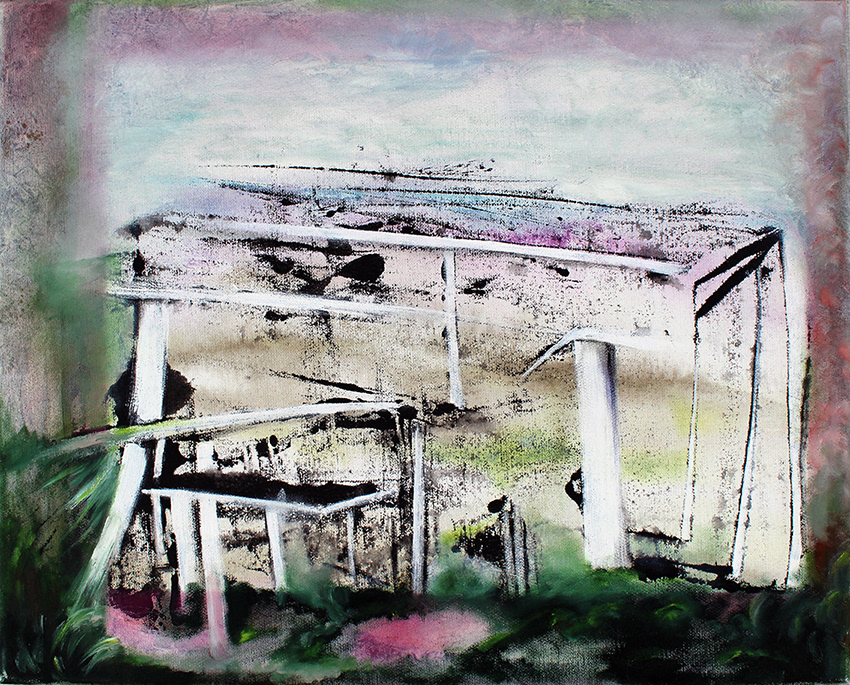 "Erschütterung", Pigmenttusche und Öl auf Leinwand, 40 x 50 cm, 2022