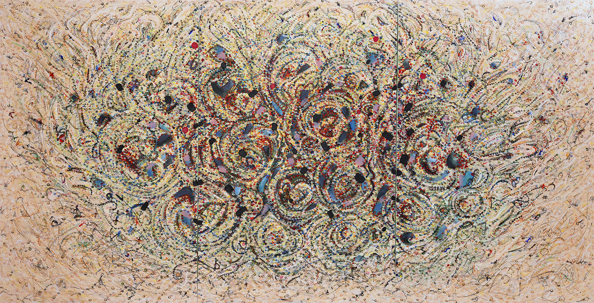 BINGE oil on canvas, 3 panels, 72 by 144 inches, 2023