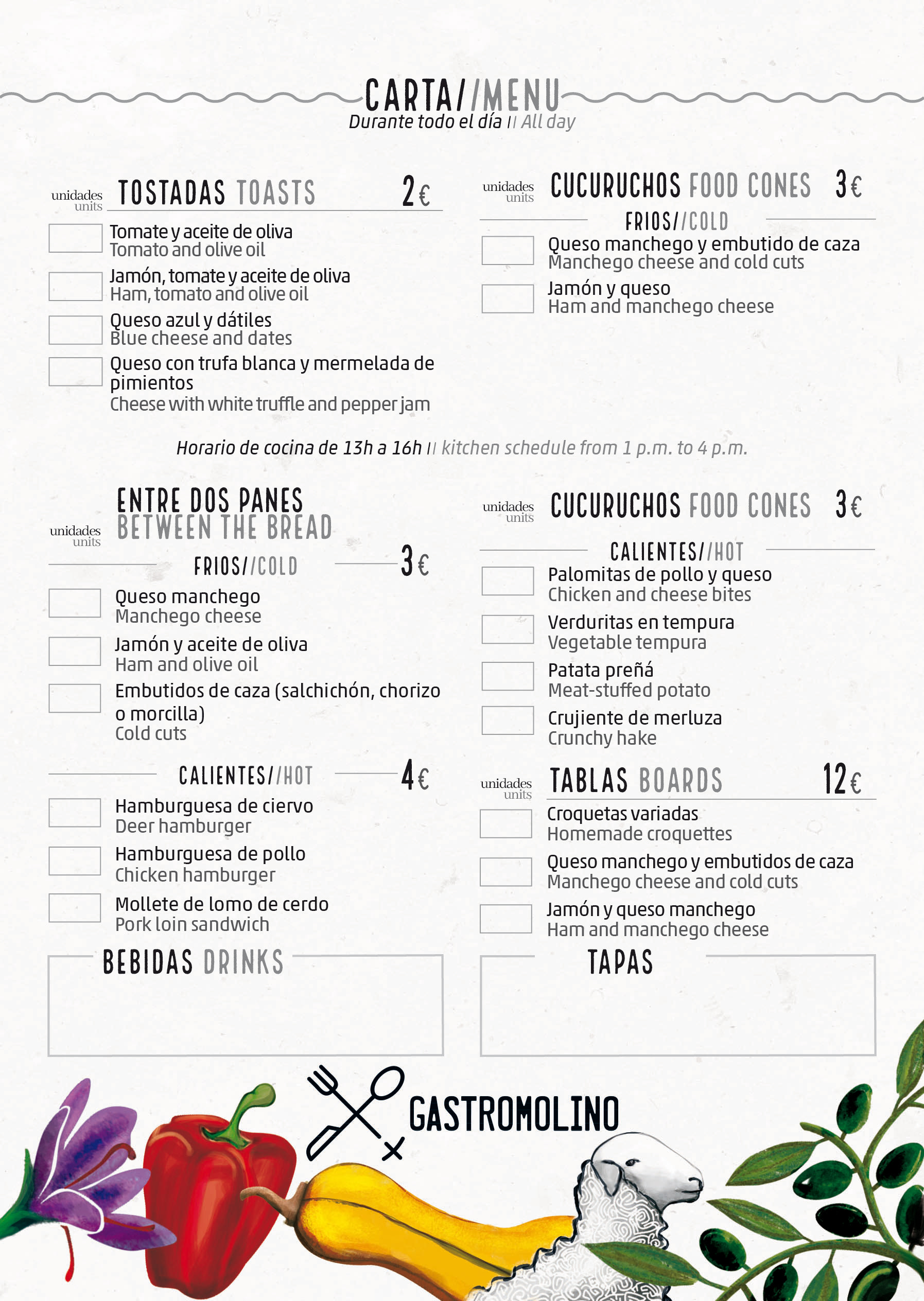 Carta de bar para pedidos