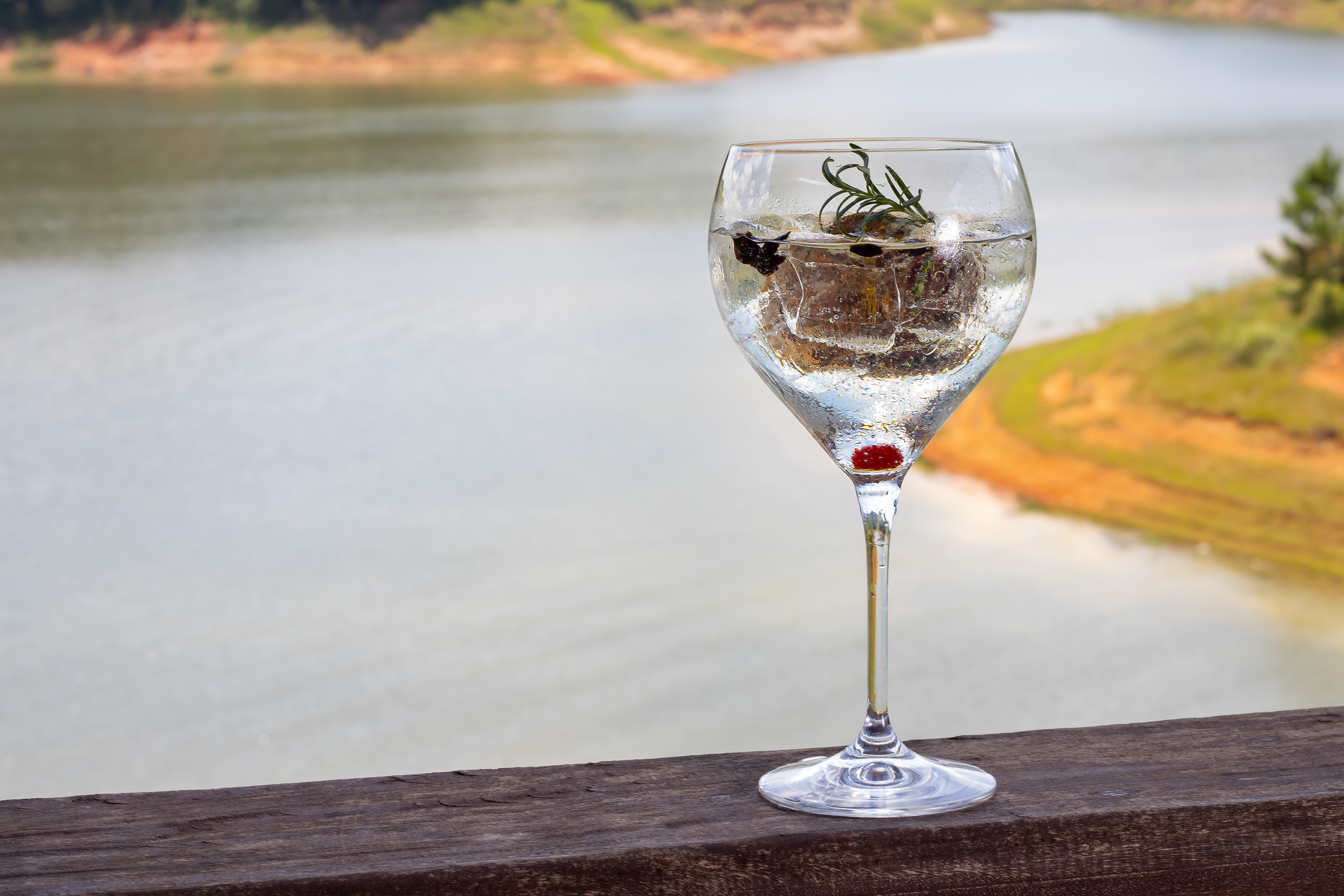 Fotografia de gin com fundo de lago,  Recanto Apoena