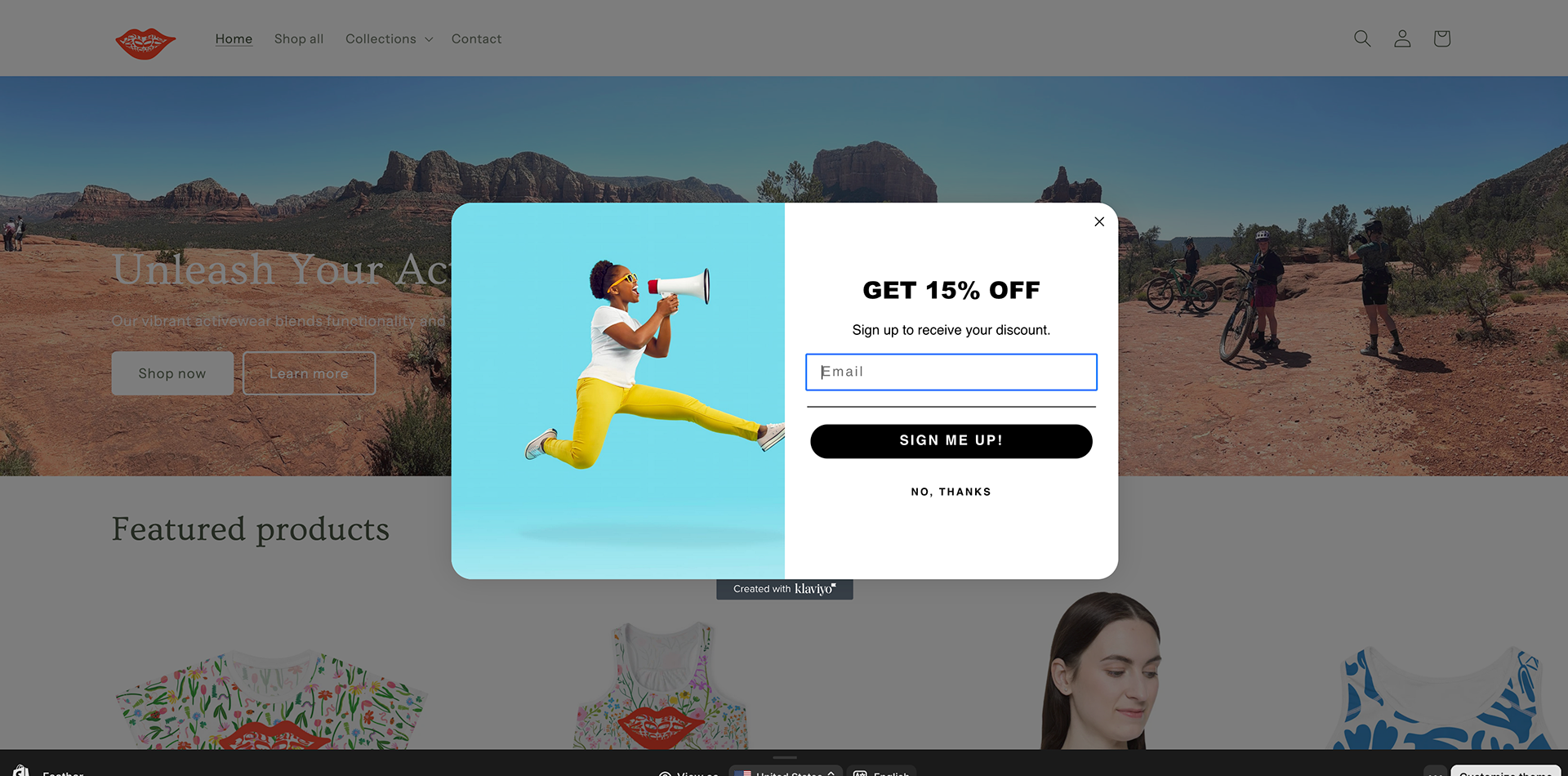 Shopify page with Email pop-up page