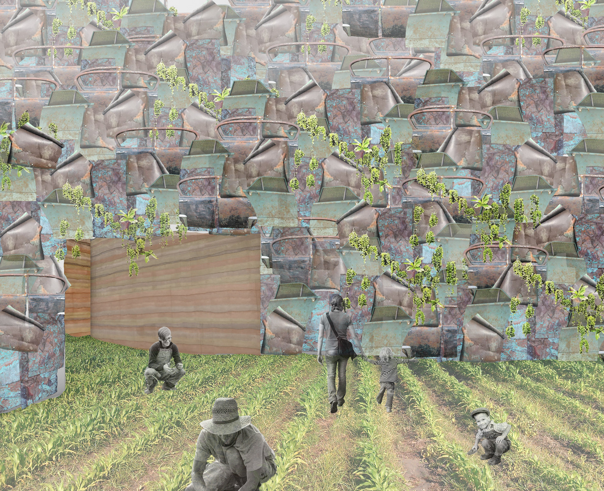 Collage of farming and car part walls