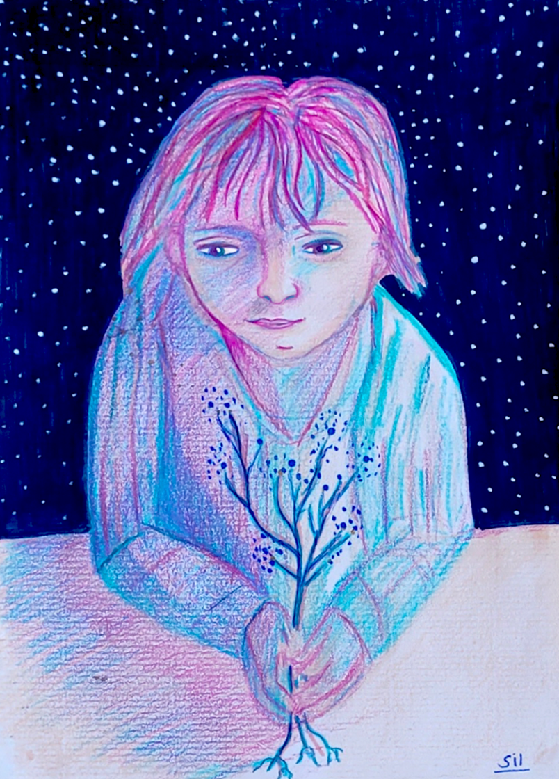 Suspension / 2023 / Technique : Crayon de couleur sur papier. / Dimension : 17 x 12 cm