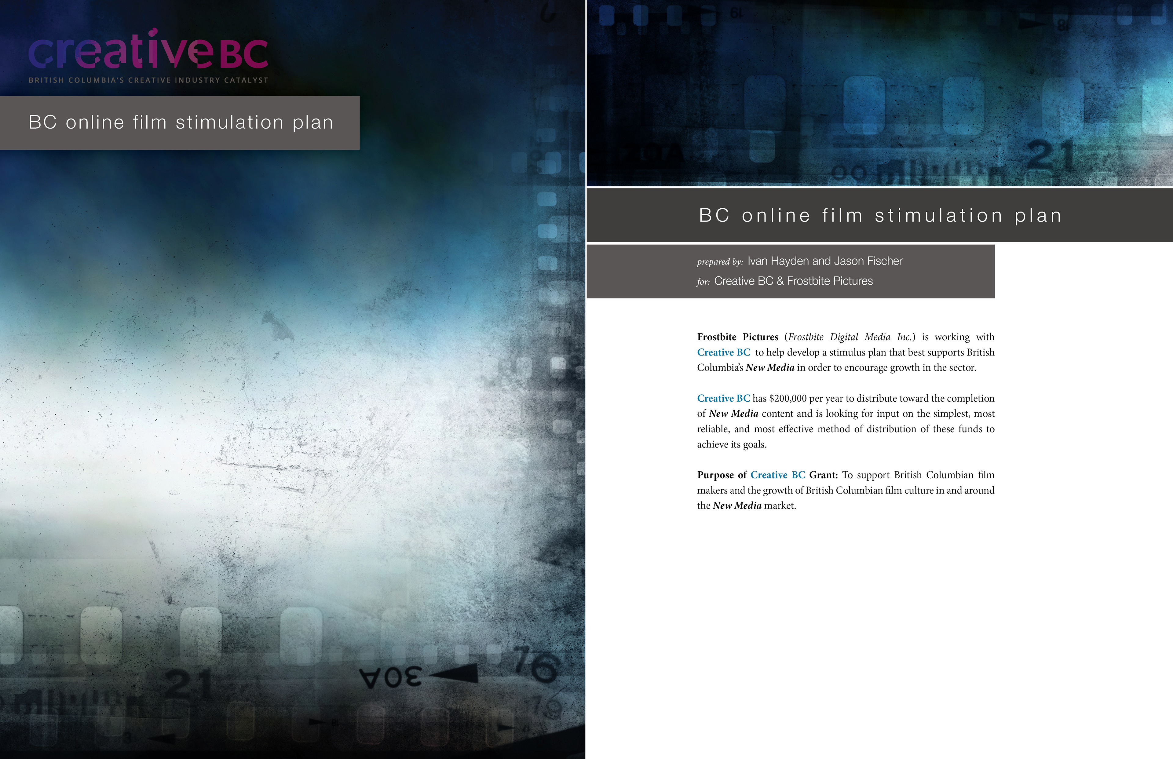 Creative BC: Pitch deck cover art, inside page for New Media stimulus plan for BC, Canada