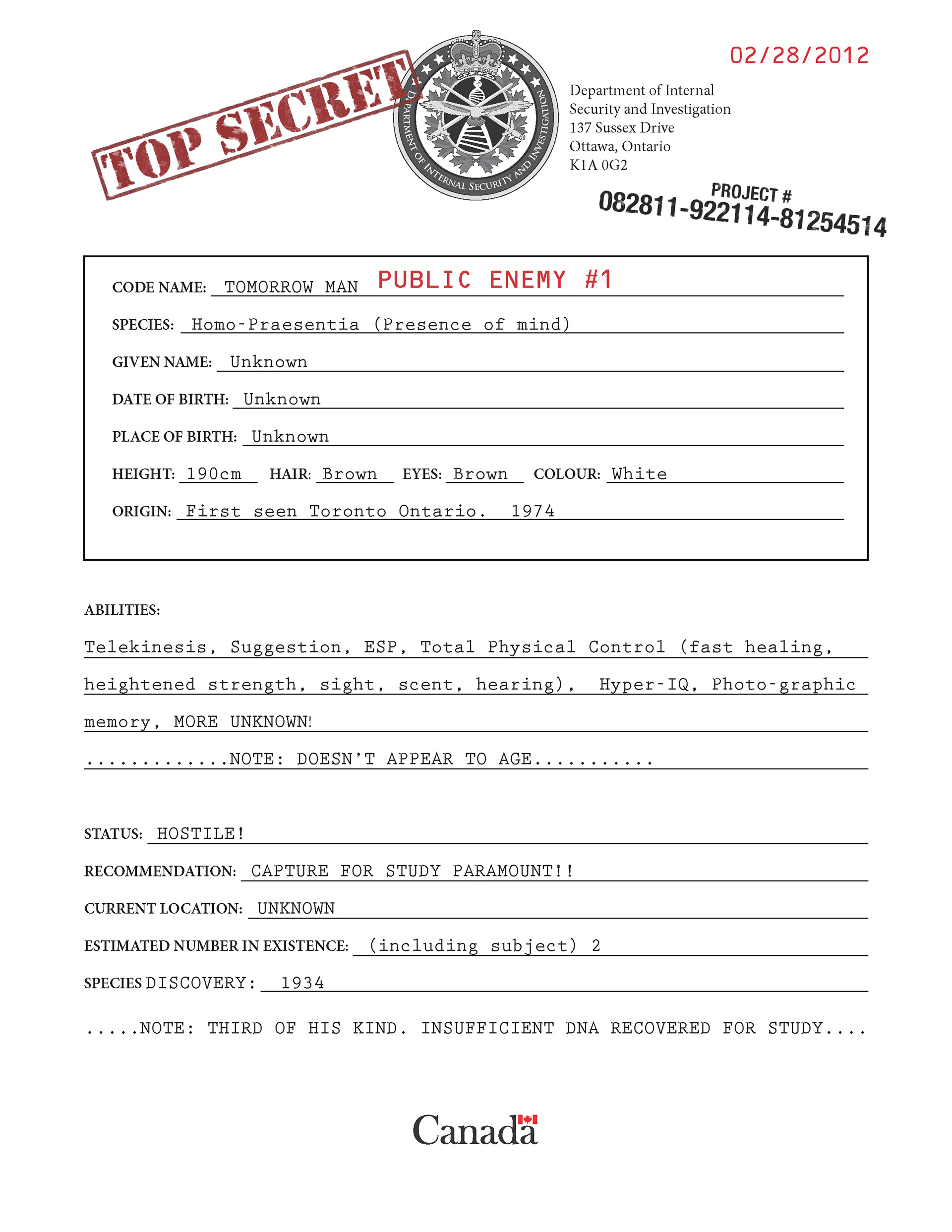 Tomorrow Man: "Case File" art/prop for set & pitch deck