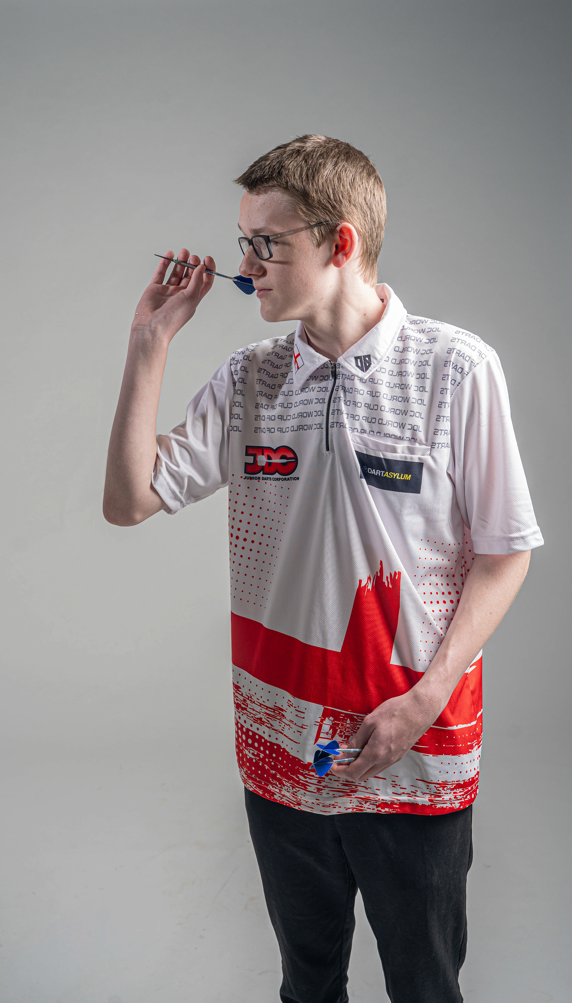 15-year-old darting wonderkid, Jack Nankervis, showing his throwing stance in Studio 3 at Falmouth University. 14th April 2026