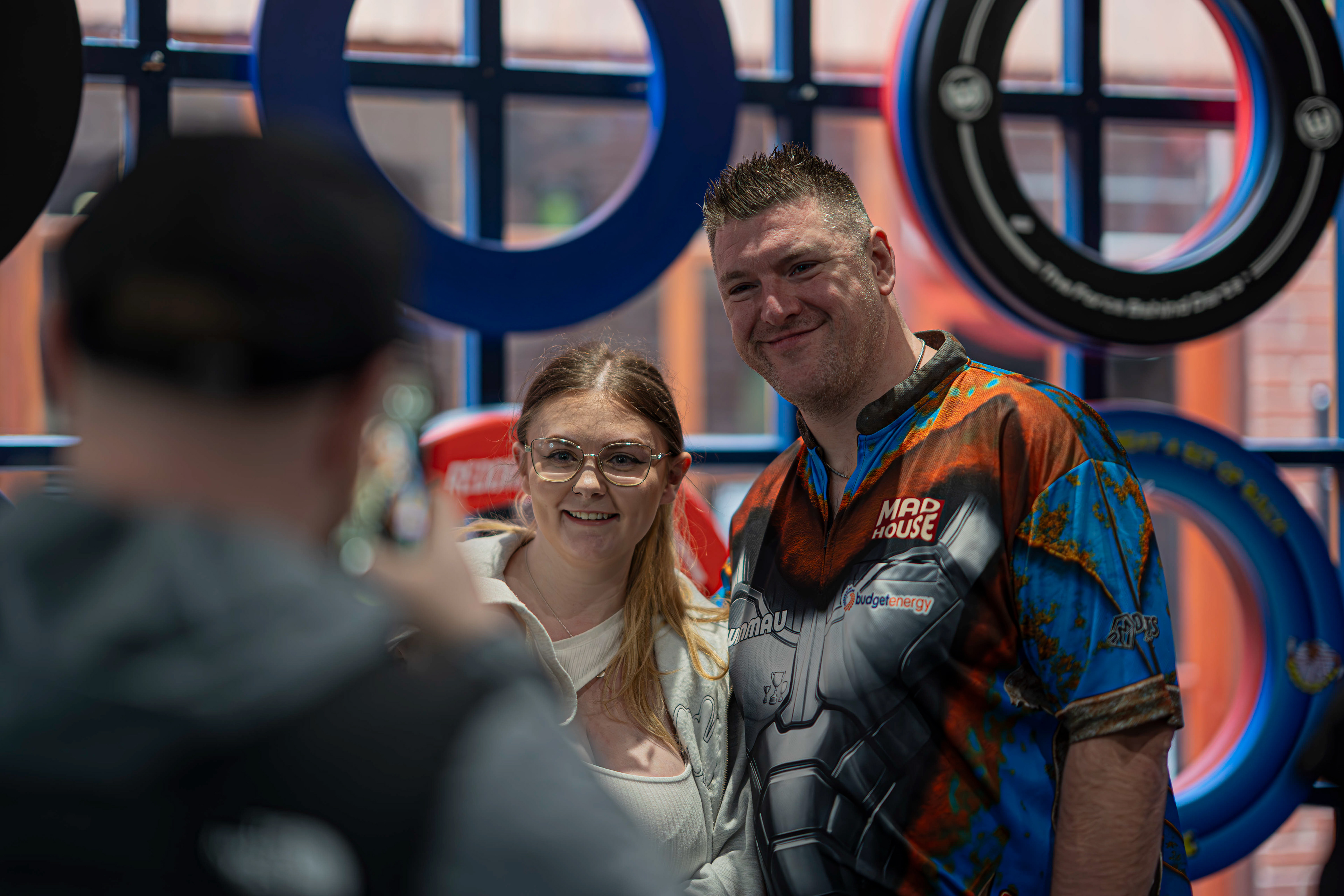 PDC pro Daryl Gurney taking photos with fans at Midlands Darts Shop, Tamworth, Staffordshire. 1st March 2026