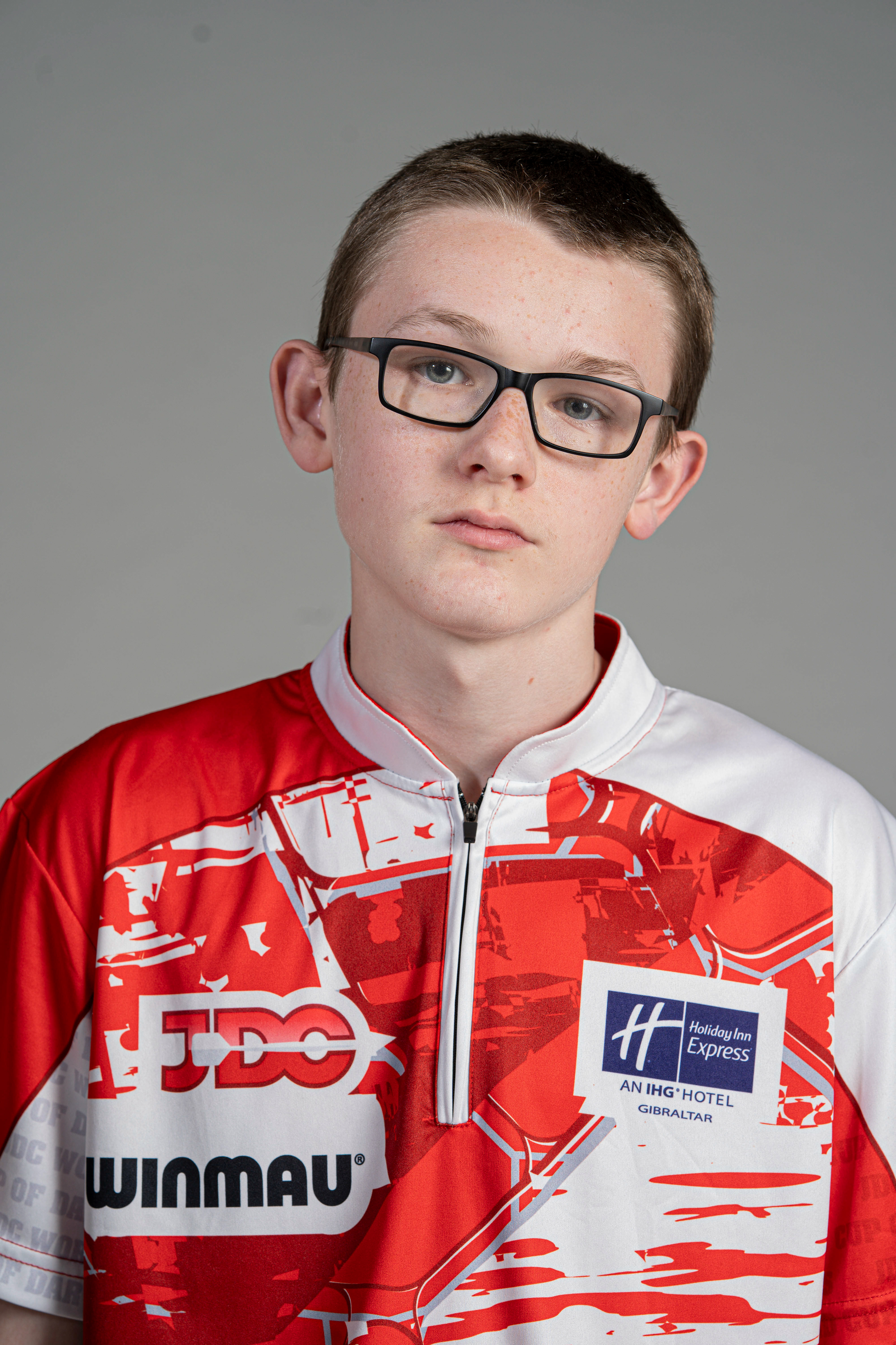 15-year-old darting wonderkid, Jack Nankervis, wearing his JDC World Cup of Darts shirt from when he played for England, in Studio 3 at Falmouth University. 14th April 2026