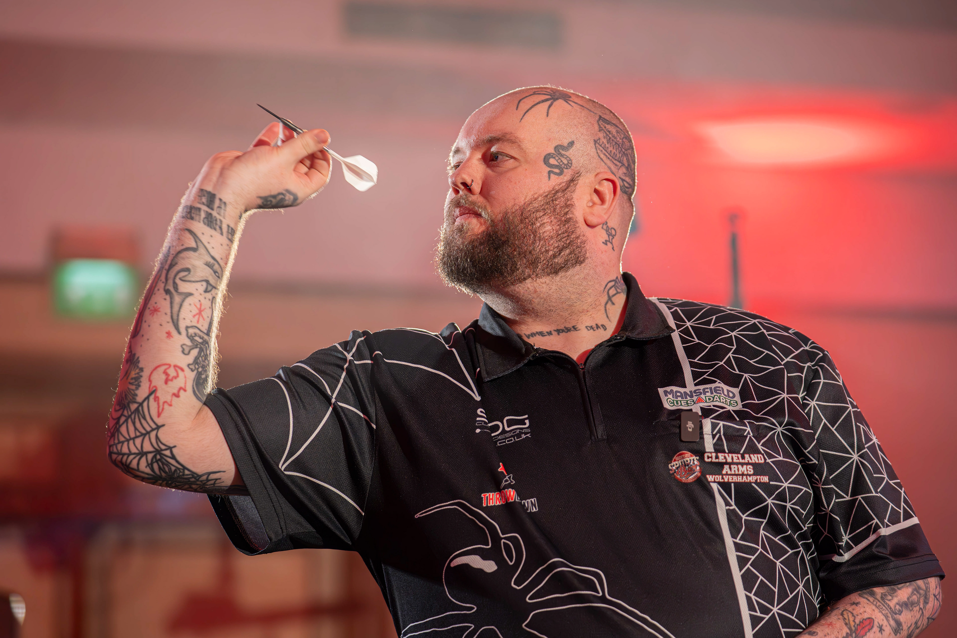 Throwdown Darts founder Luke Bod mid throw against Damon Heta at the Copthorne Hotel, Brierley Hill. 27/03/26