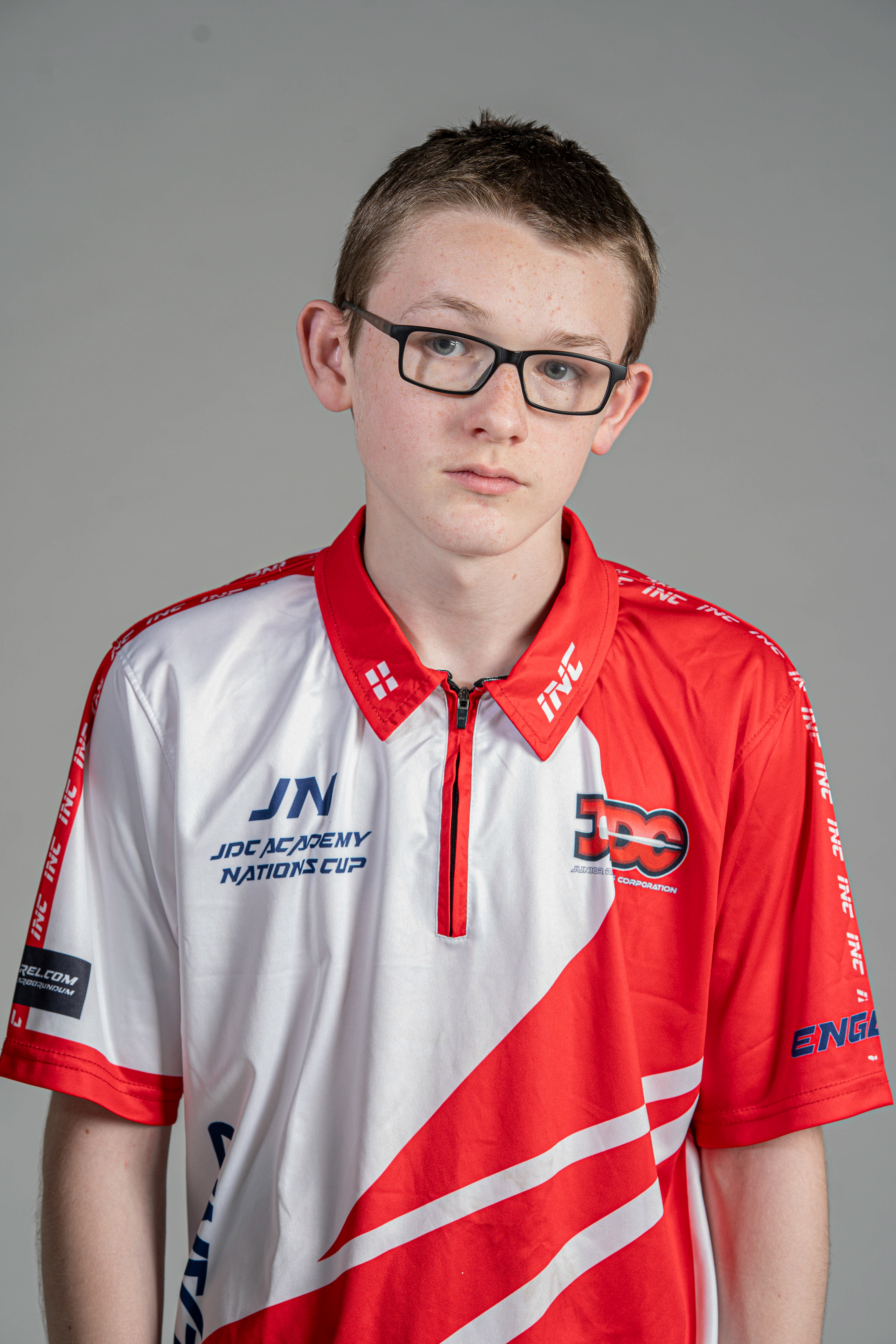 15-year-old darting wonderkid, Jack Nankervis, wearing his old England playing shirt made by INC Apparel when competing for England in the JDC, in Studio 3 at Falmouth University. 14th April 2026