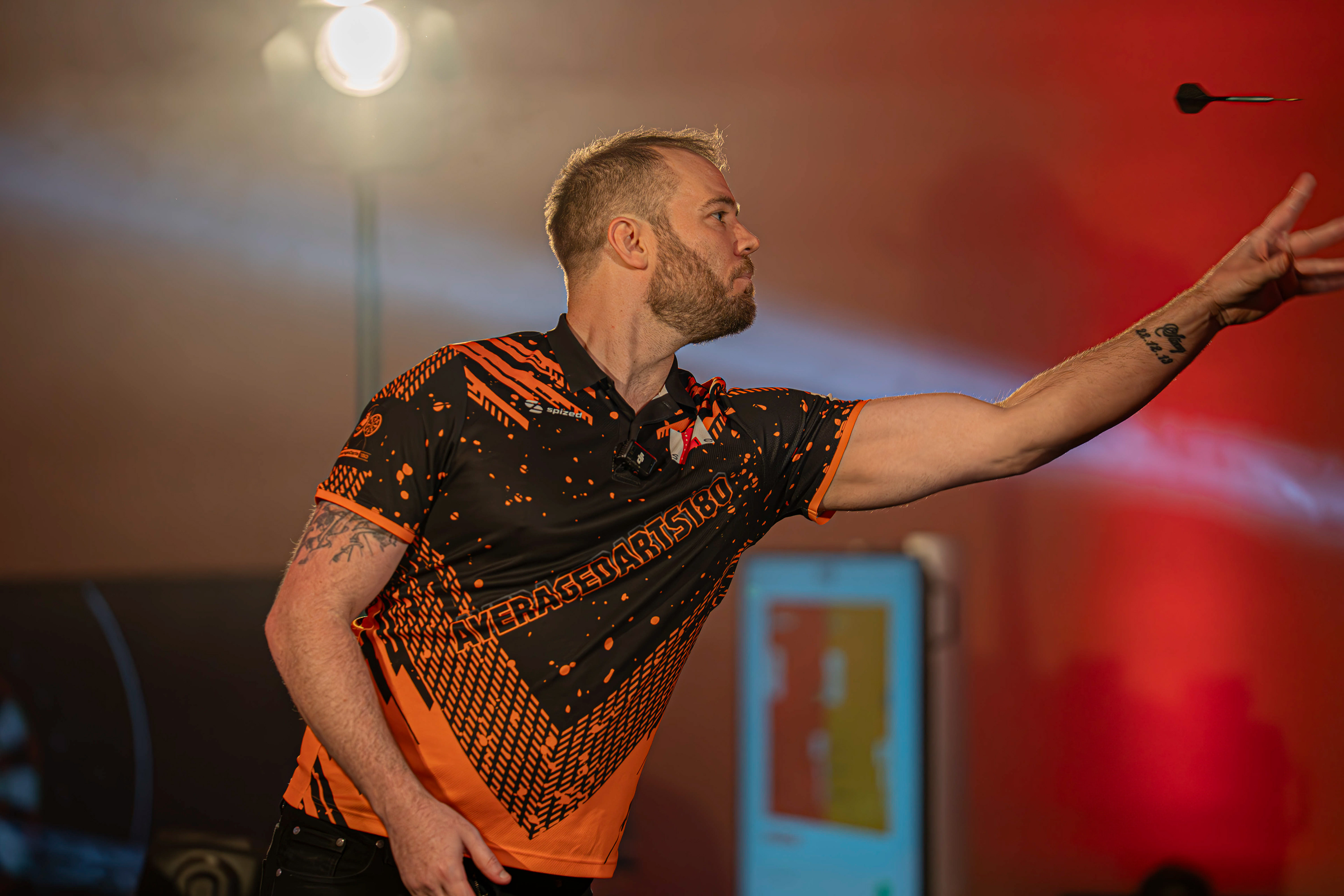 AverageDarts180 mid-throw as he plays against Damon Heta at the Copthorne Hotel, Brierley Hill. 27/03/26
