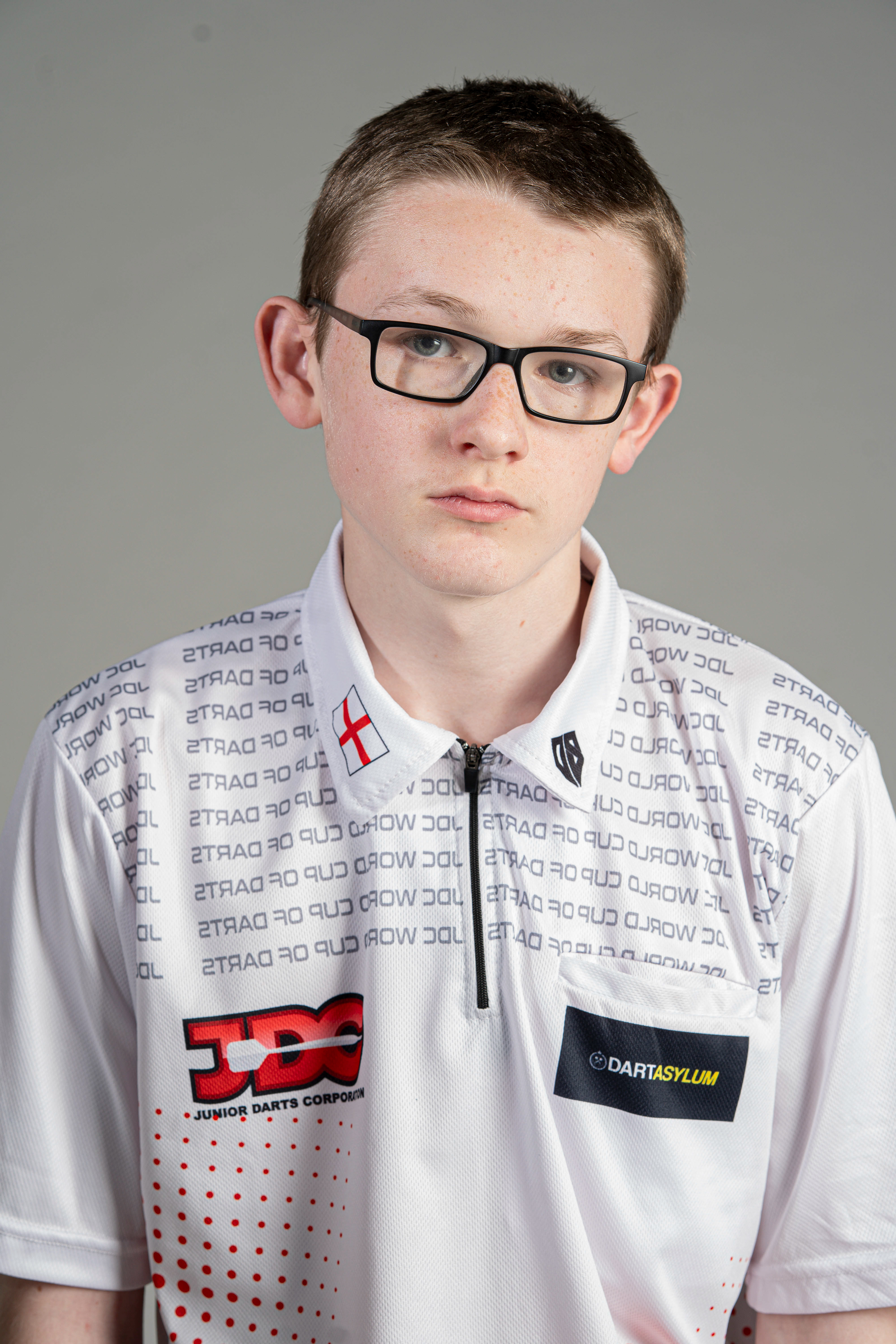 15-year-old darting wonderkid, Jack Nankervis, wearing his JDC World Cup of Darts shirt from when he played for England, in Studio 3 at Falmouth University. 14th April 2026