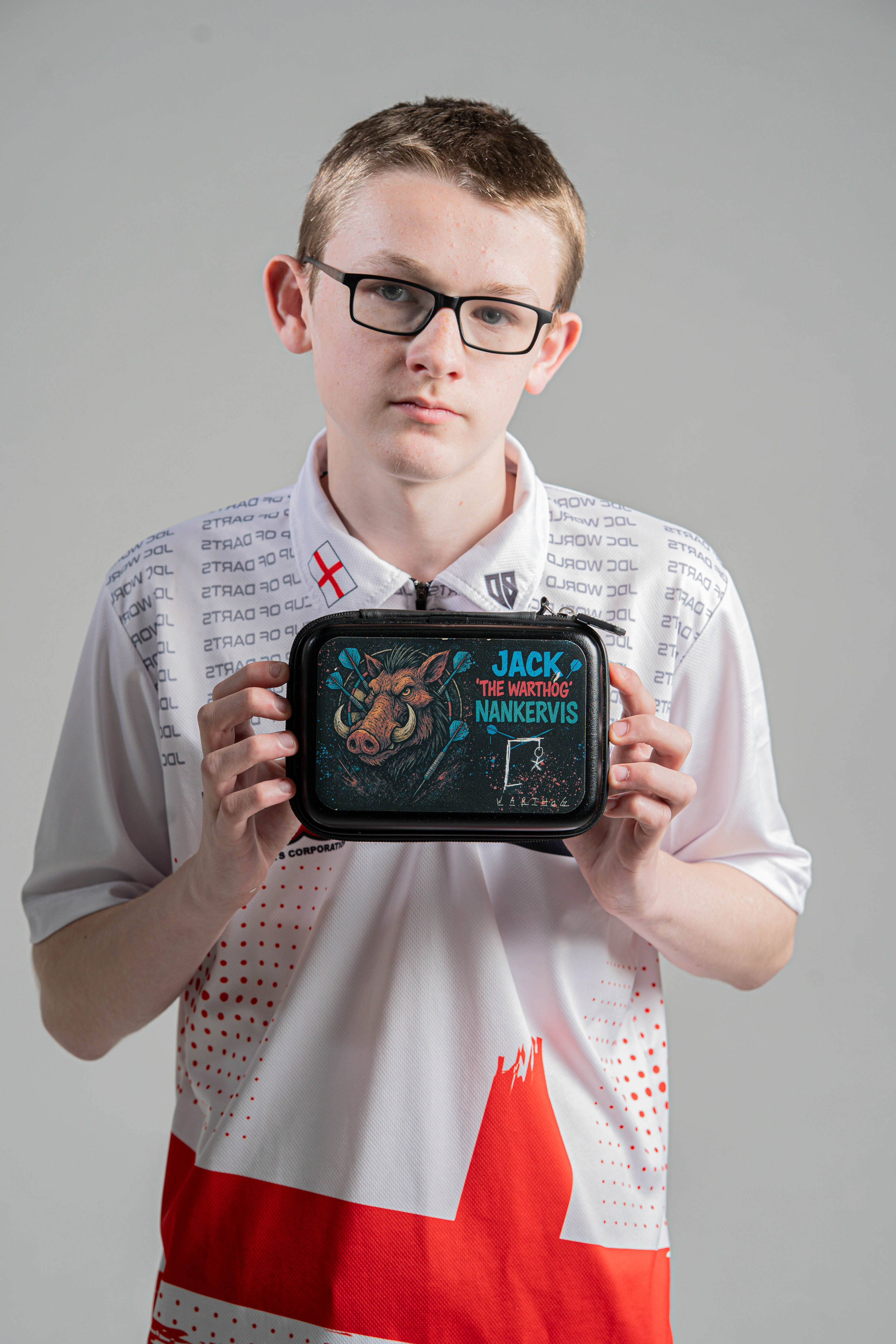 15-year-old darting wonderkid, Jack Nankervis, showing his darts case in Studio 3 at Falmouth University. 14th April 2026